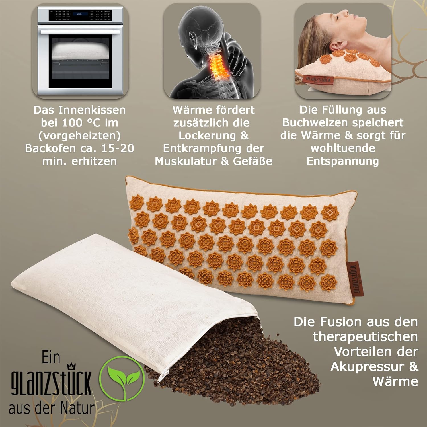 Glanzstück Berlin Health Collection: XL Akupressurmatten-Set Original aus Leinen, hilft bei Verspannungen, Rückenschmerzen, Massagematte mit Kissen (Wärmefunktion) und Tasche, nachhaltig – Bild 4