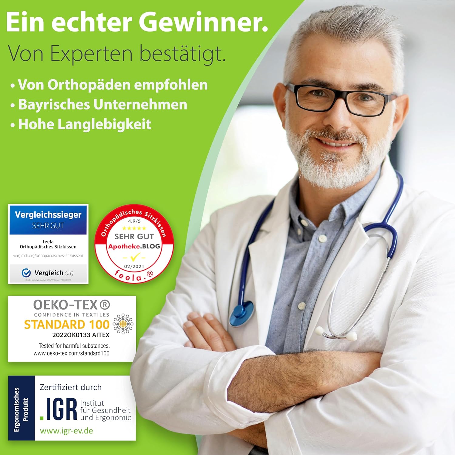 Feela.® Orthopädisches Sitzkissen, 3 Härtegrade, ergonomisches Sitzkissen für Bürostuhl etc., lindert Schmerzen, erhöht den Sitzkomfort, fördert die Durchblutung und entlastet das Steißbein, mittel – Bild 5