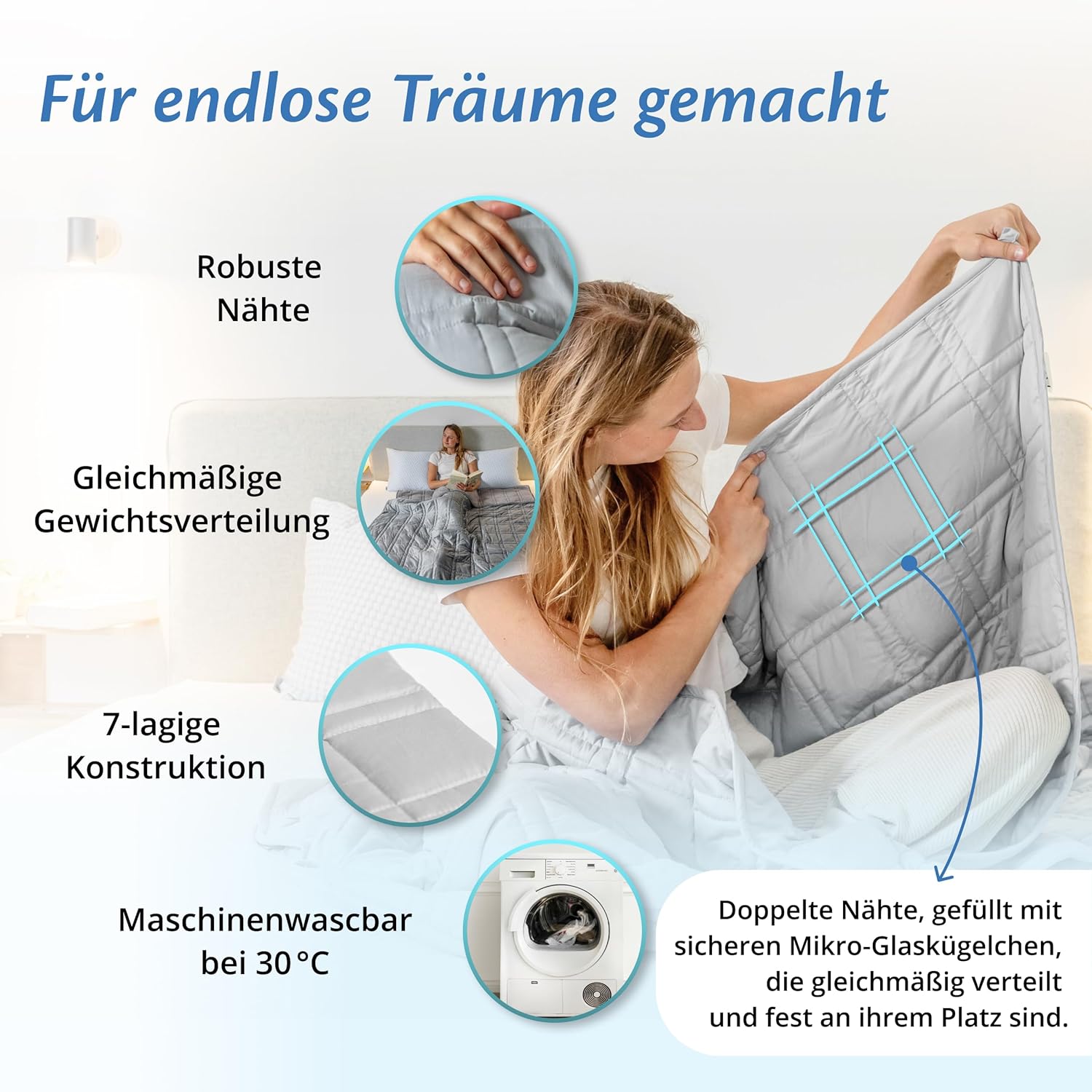 Ella Gewichtsdecke 150 x 200 cm, 7 kg, Anti-Stress-Therapiedecke, schwere Decke aus 100 % Baumwolle, Bettdecke für tiefen Schlaf & bessere Erholung, Gewichtsdecke für Männer, Frauen von 55–85 kg, grau – Bild 7