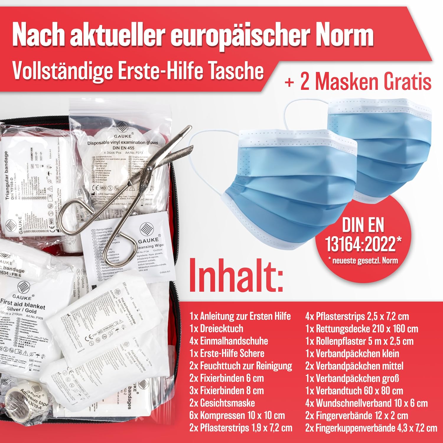 HELDENWERK Auto-Verbandstasche nach aktueller Norm 2026 – Europa einsetzbar – Erste-Hilfe-Set KFZ-Verbandtasche DIN 13164:2022 (StVO konform)