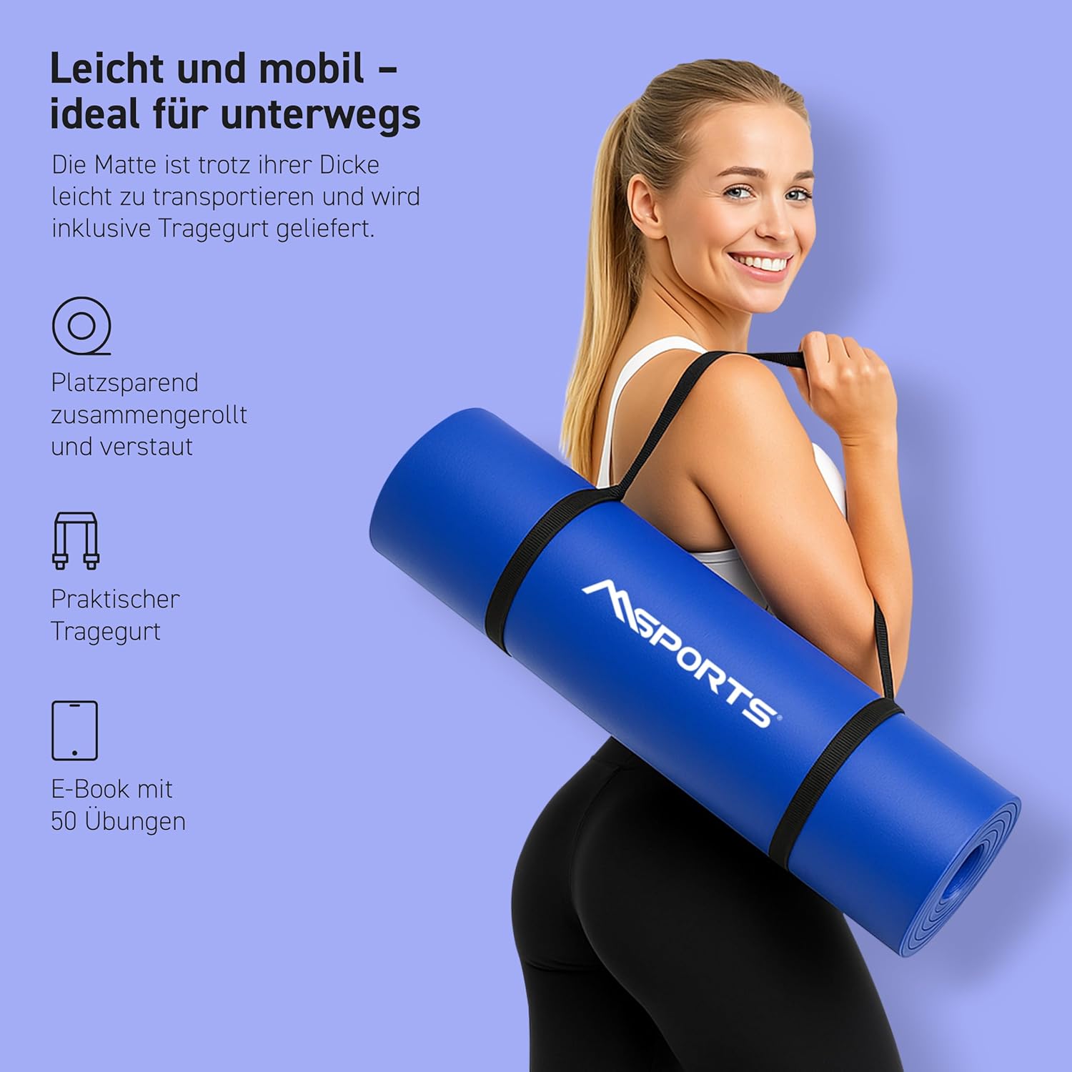 MSports Premium Gymnastikmatte inklusive Tragegurt + Übungsposter + Workout-App – hautfreundliche Fitnessmatte, 190 x 60, 80 oder 100 x 1,5 cm, verschiedene Farben, phthalatfreie Yogamatte, blau, 190 x 60 x 1,5 cm – Bild 3