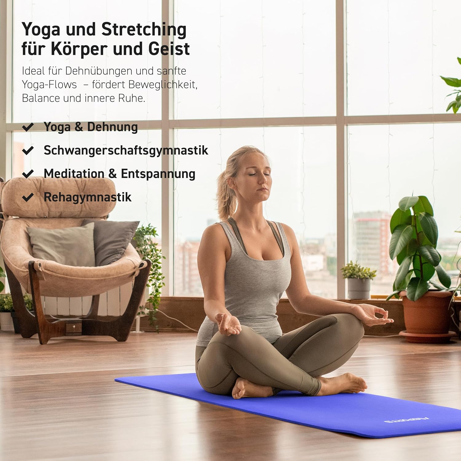 MSports Premium Gymnastikmatte inklusive Tragegurt + Übungsposter + Workout-App – hautfreundliche Fitnessmatte, 190 x 60, 80 oder 100 x 1,5 cm, verschiedene Farben, phthalatfreie Yogamatte, blau, 190 x 60 x 1,5 cm – Bild 6