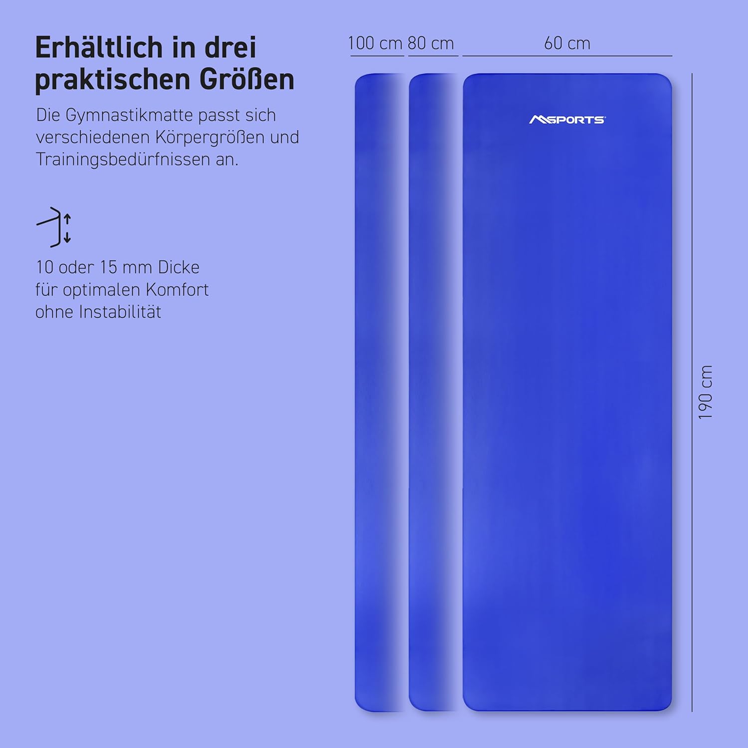 MSports Premium Gymnastikmatte inklusive Tragegurt + Übungsposter + Workout-App – hautfreundliche Fitnessmatte, 190 x 60, 80 oder 100 x 1,5 cm, verschiedene Farben, phthalatfreie Yogamatte, blau, 190 x 60 x 1,5 cm – Bild 7