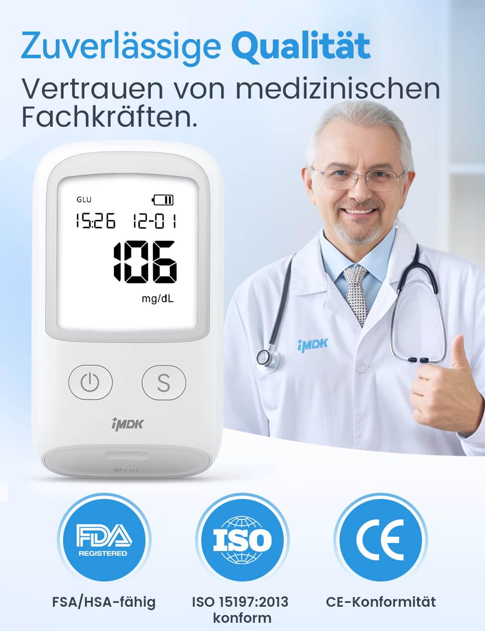 IMDK Blutzuckermessgerät-Set (mg/dl), klinisch präzises Blutzuckermessgerät mit 50 Teststreifen, 50 Lanzetten und 1 Stechhilfe, codierfrei & großes Display – Bild 2