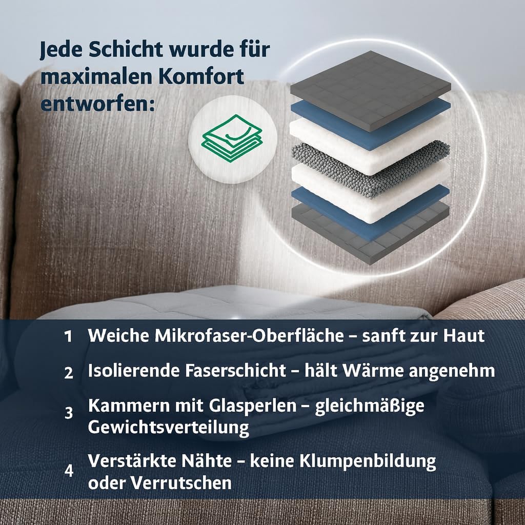 Gewichtsdecke 9 kg, Mikrofaser-Therapiedecke, 150 x 200 cm, 7-Lagen-System mit Glasperlen, Öko-Tex-zertifiziert, für besseren Schlaf und Stressabbau, Grau – Bild 3
