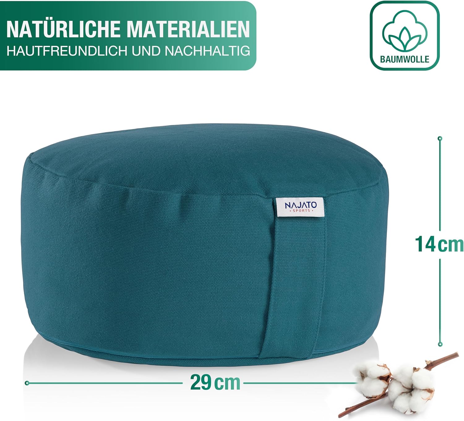 NAJATO Sports Meditationskissen – Yogakissen mit E-Book (PDF-Datei) – Rundes Yogakissen mit Buchweizenschalenfüllung – 30 cm Durchmesser, 14 cm hoch – waschbarer Baumwollbezug (Petrol) – Bild 2