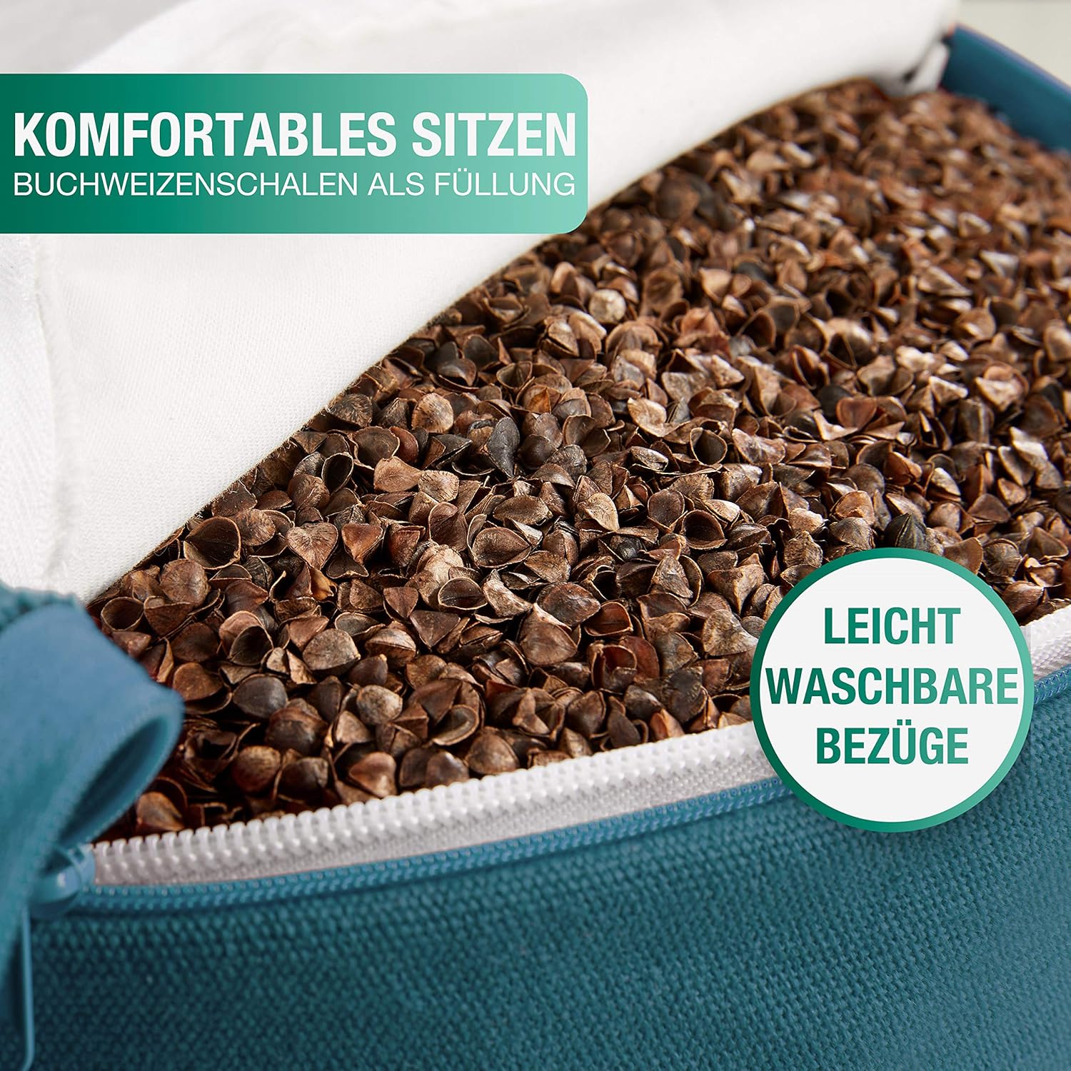 NAJATO Sports Meditationskissen – Yogakissen mit E-Book (PDF-Datei) – Rundes Yogakissen mit Buchweizenschalenfüllung – 30 cm Durchmesser, 14 cm hoch – waschbarer Baumwollbezug (Petrol) – Bild 3