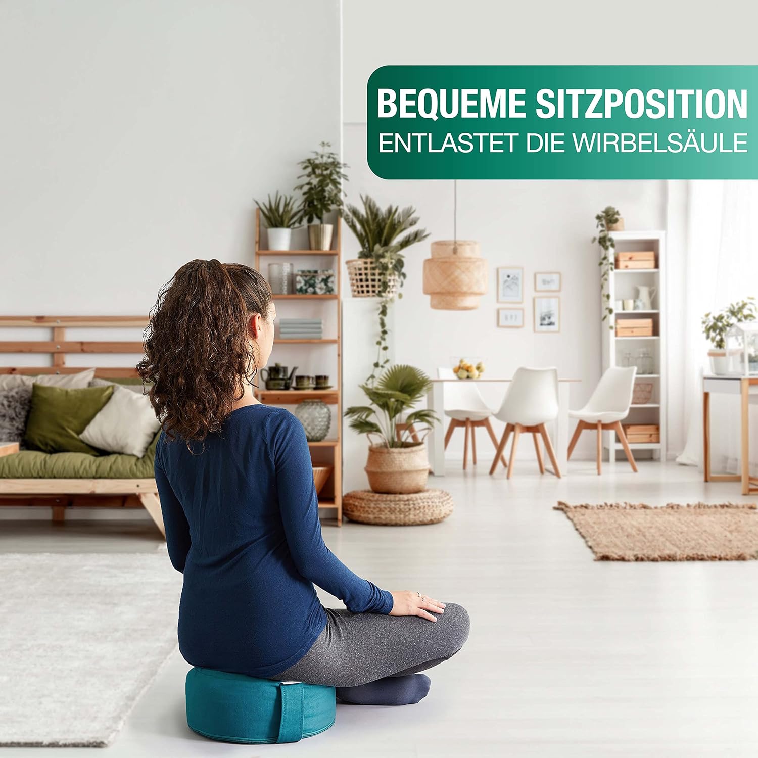 NAJATO Sports Meditationskissen – Yogakissen mit E-Book (PDF-Datei) – Rundes Yogakissen mit Buchweizenschalenfüllung – 30 cm Durchmesser, 14 cm hoch – waschbarer Baumwollbezug (Petrol) – Bild 4