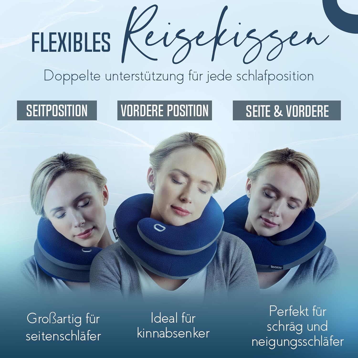 BCOZZY Nackenkissen für Reisen, bietet doppelte Unterstützung für Kopf, Nacken und Kinn in jeder Schlafposition auf Flügen, im Auto und zu Hause, bequemes Reisekissen, Größe L, schwarze Tinte – Bild 3