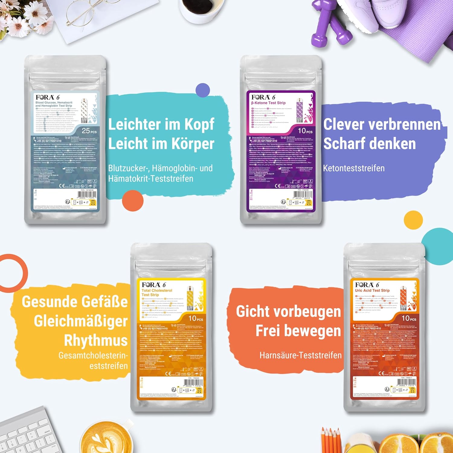 FORA 6 Connect | 4-in-1-Blutzucker-, Keton-, Cholesterin- und Harnsäuremessgerät | Für den Heimgebrauch | Bluetooth & App | Inklusive Teststreifen und Zubehör, Lavendelviolett – Bild 3