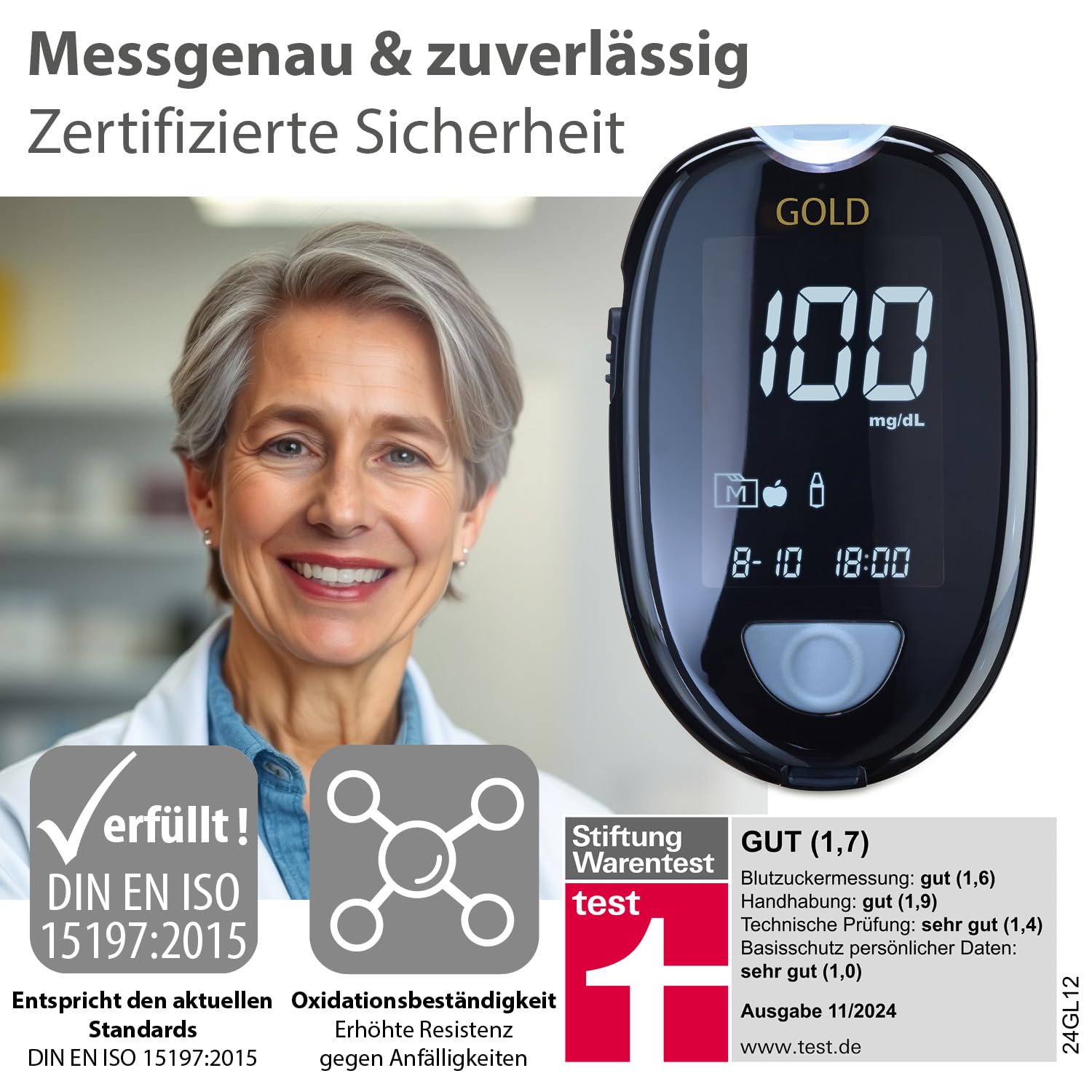 GlucoCheck Gold Blutzuckermessgerät-Set (mg/dL) mit 10 Blutzucker-Teststreifen, 10 Lanzetten, 1 Stechhilfe, 1 Etui, Starter-Set zur Blutzucker-Selbstkontrolle – Bild 3
