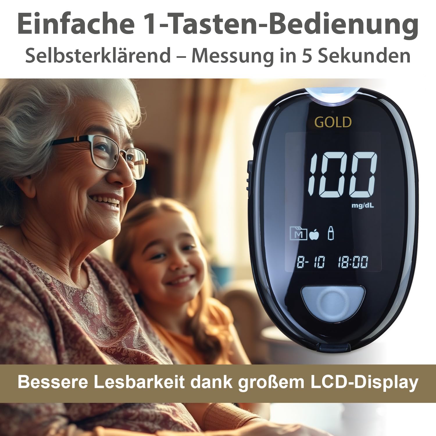 GlucoCheck Gold Blutzuckermessgerät-Set (mg/dL) mit 10 Blutzucker-Teststreifen, 10 Lanzetten, 1 Stechhilfe, 1 Etui, Starter-Set zur Blutzucker-Selbstkontrolle – Bild 6