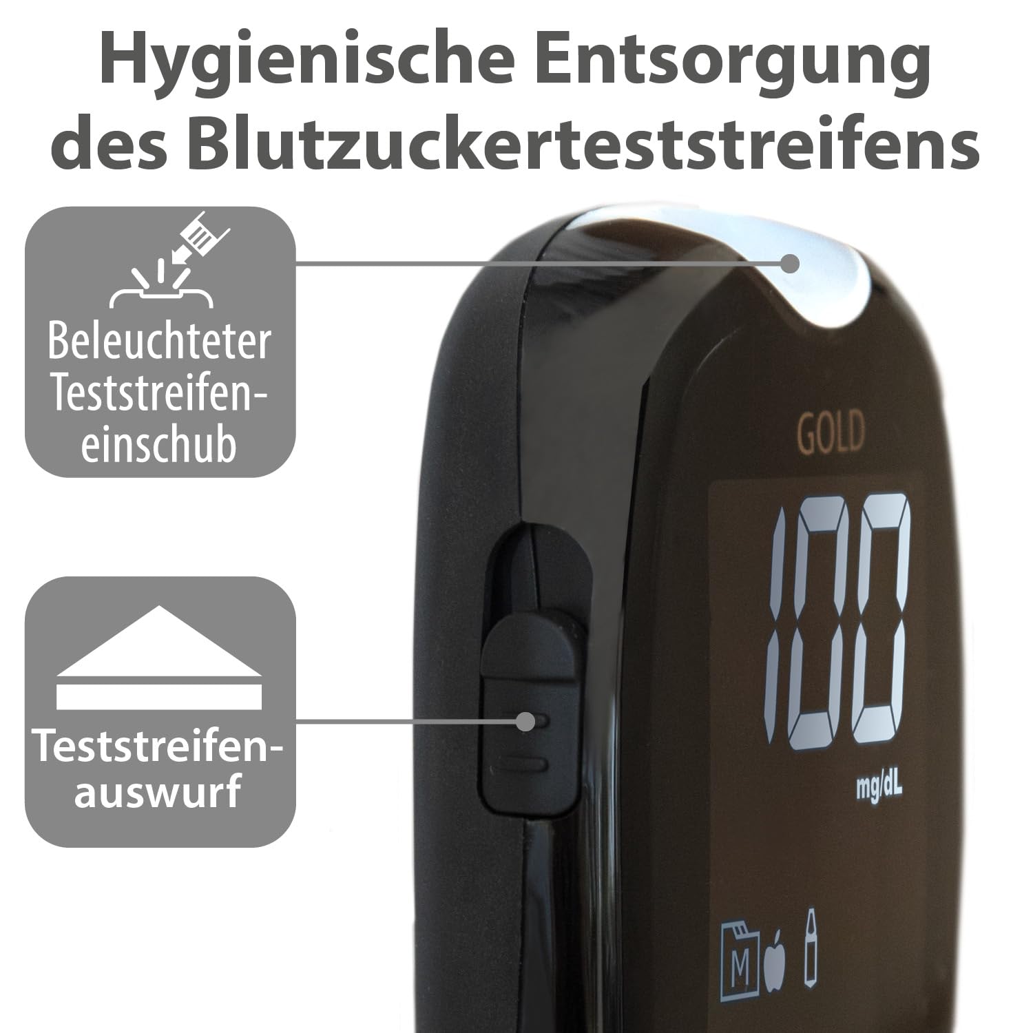 GlucoCheck Gold Blutzuckermessgerät-Set (mg/dL) mit 10 Blutzucker-Teststreifen, 10 Lanzetten, 1 Stechhilfe, 1 Etui, Starter-Set zur Blutzucker-Selbstkontrolle – Bild 7