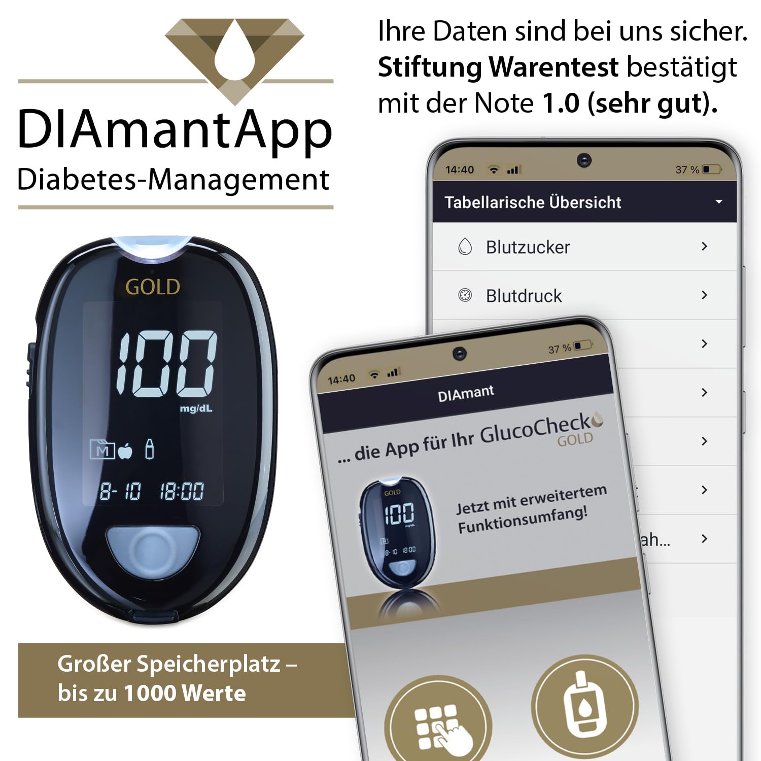 GlucoCheck Gold Blutzuckermessgerät-Set (mg/dL) mit 10 Blutzucker-Teststreifen, 10 Lanzetten, 1 Stechhilfe, 1 Etui, Starter-Set zur Blutzucker-Selbstkontrolle – Bild 8