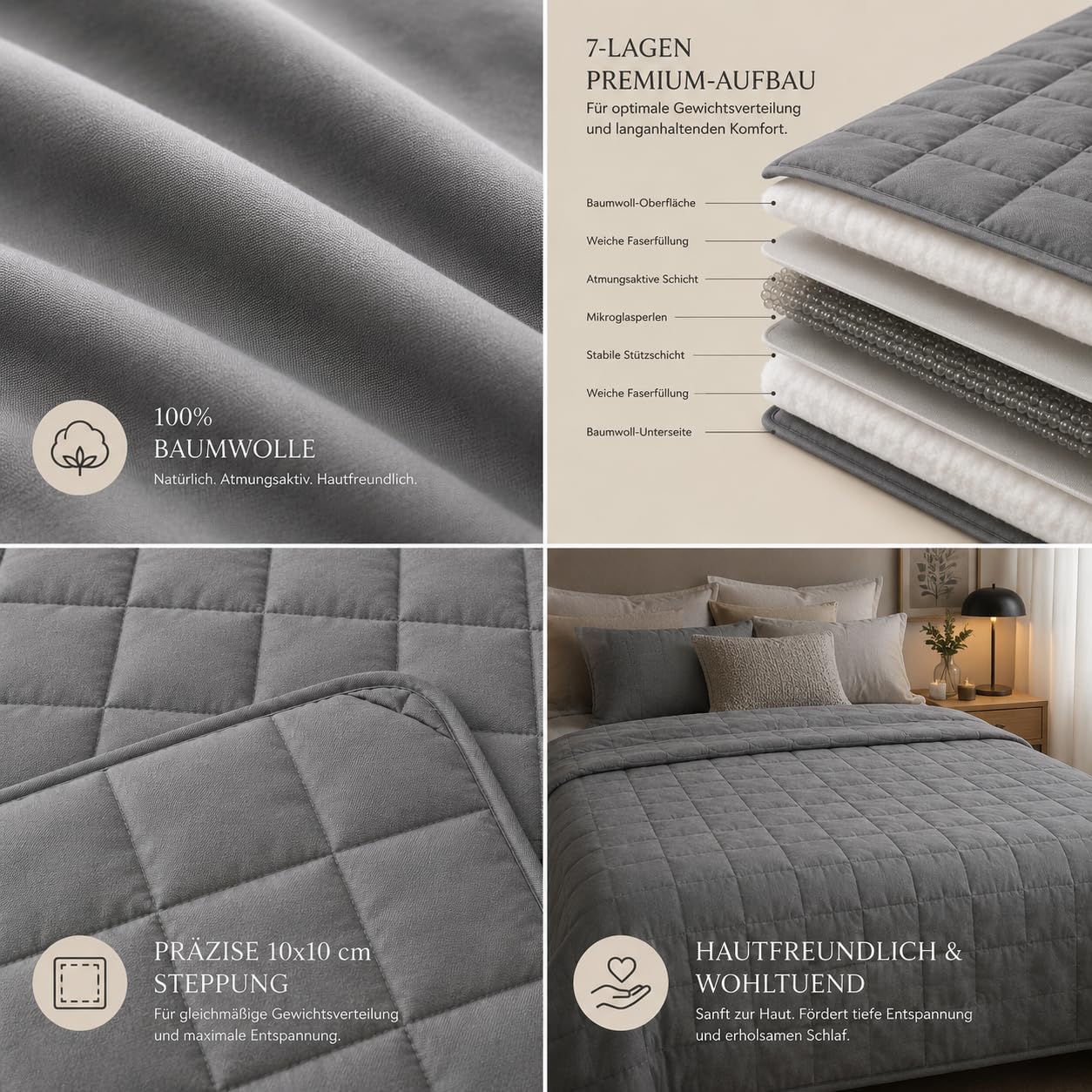 Gewichtsdecke Erwachsene 9kg 150 x 200 cm,Weighted Blanket Anti Stress Therapiedecke, aus 100% Baumwolle Schwere Decke, Besser schlafen mit unserer schweren Bettdecke Oeko-Tex Zertifiziert , Grau – Bild 5