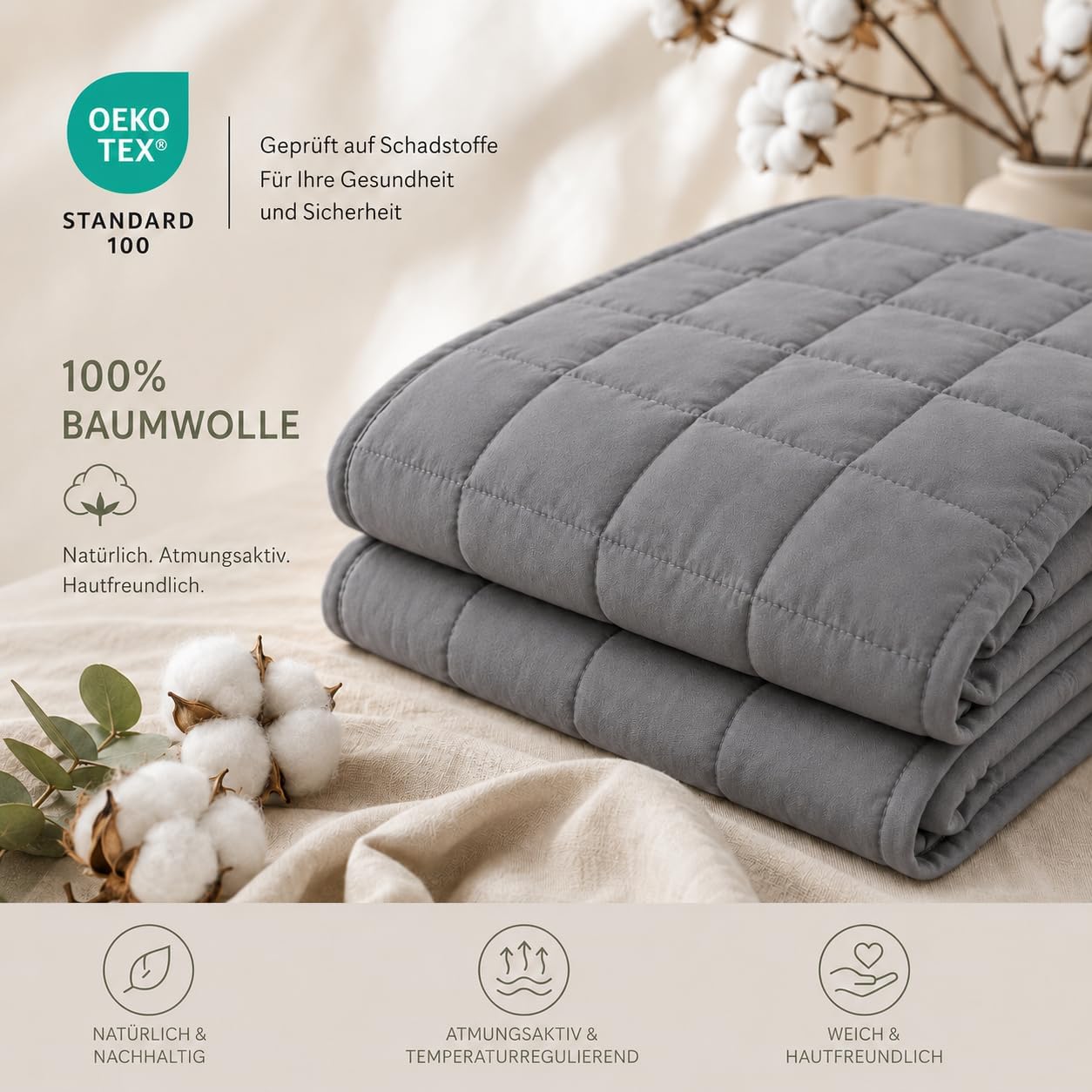 Gewichtsdecke Erwachsene 9kg 150 x 200 cm,Weighted Blanket Anti Stress Therapiedecke, aus 100% Baumwolle Schwere Decke, Besser schlafen mit unserer schweren Bettdecke Oeko-Tex Zertifiziert , Grau – Bild 7