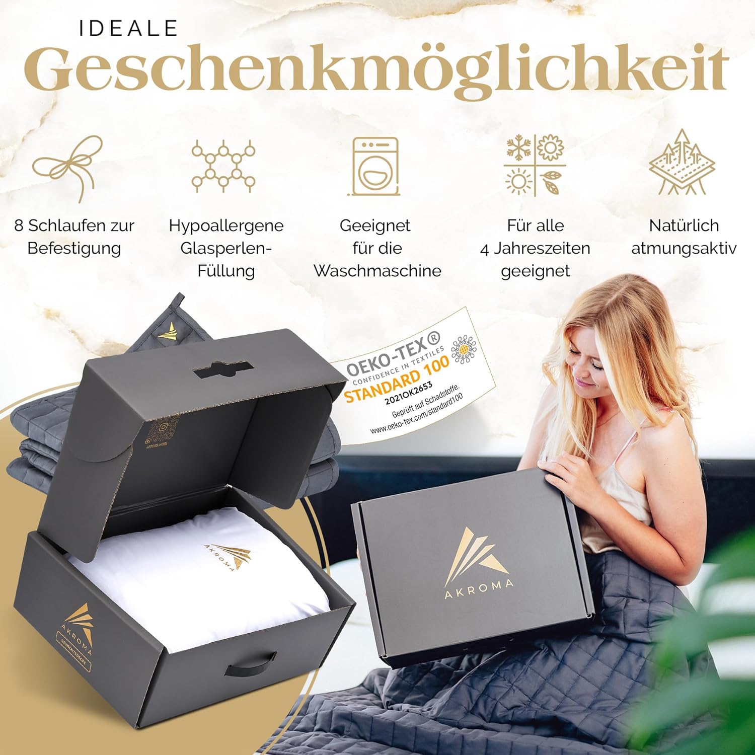 Akroma Premium Gewichtsdecke 135 x 200 cm 6 kg – Anti-Stress-Therapiedecke – schwere Bettdecke für besseren Schlaf – Entspannungsdecke gegen Schlafstörungen – 100 % Baumwolle (ÖkoTex) – Gewichtsdecke – Bild 4