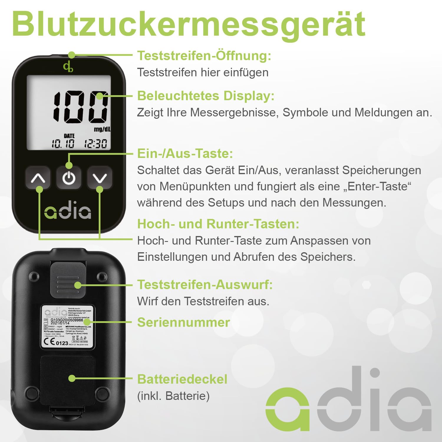 adia Blutzuckermessgerät (mg/dL Standard in DE) mit 110 Blutzucker-Teststreifen, 10 Lanzetten, 1 Stechhilfe und 1 Etui – zur Selbstkontrolle des Blutzuckers – Bild 9