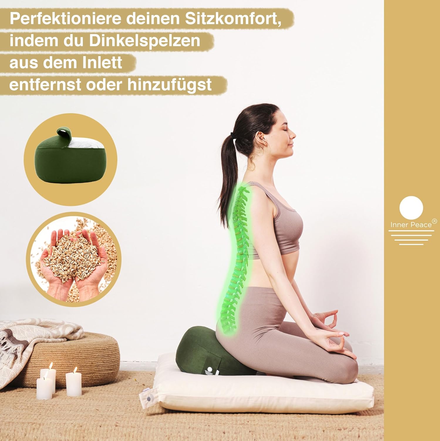 Inner Peace Yogakissen Meditationskissen aus 100 % Bio-Baumwolle und mit Bio-Dinkelspelzfüllung | Yogakissen Rundes Yoga-Sitzkissen, Yogakissen-Meditationskissen, Yoga-Meditationskissen – Bild 4