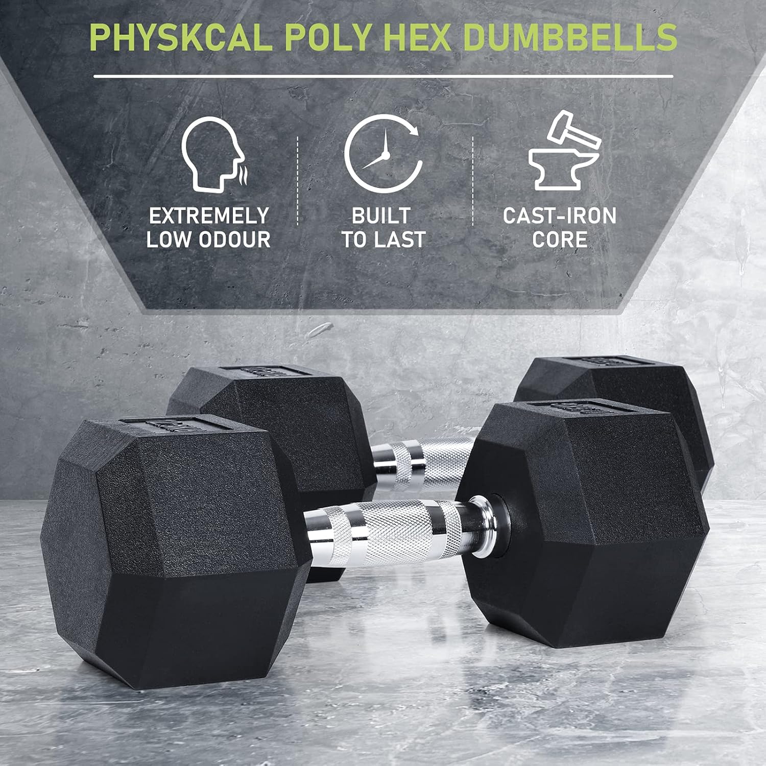 PhysKcal Hexagon-Hanteln, polygummiert, 2,5–20 kg, rutschfest beschichtet, ergonomische verchromte Griffe, Hantel-Set, Kurzhantel-Set – Bild 2