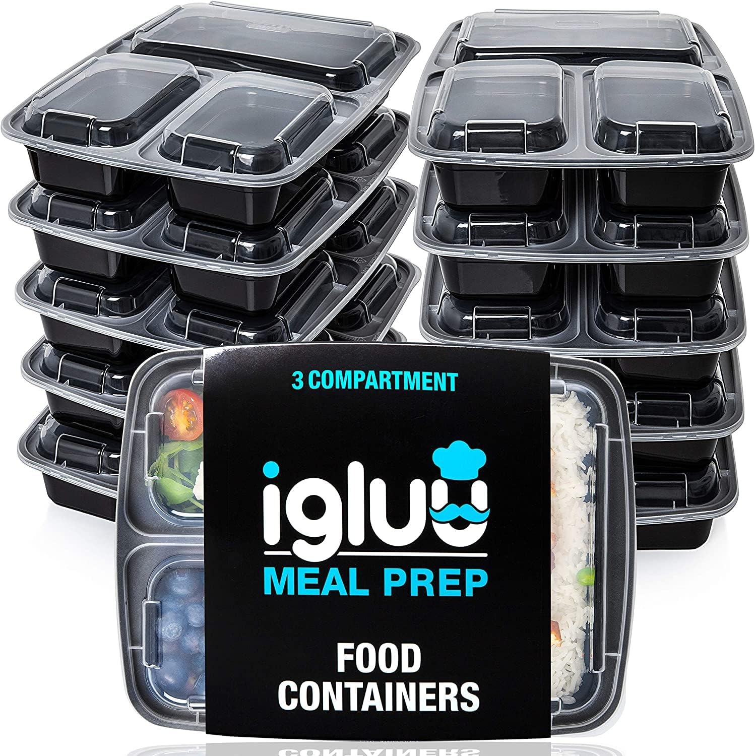 Igluu Meal-Prep-Boxen mit Deckel (20 Stück) – wiederverwendbar, mikrowellen-, gefrierschrank-, spülmaschinenfest, stapelbar – 946 ml Fassungsvermögen – 3 große Fächer – aus BPA-freiem Kunststoff