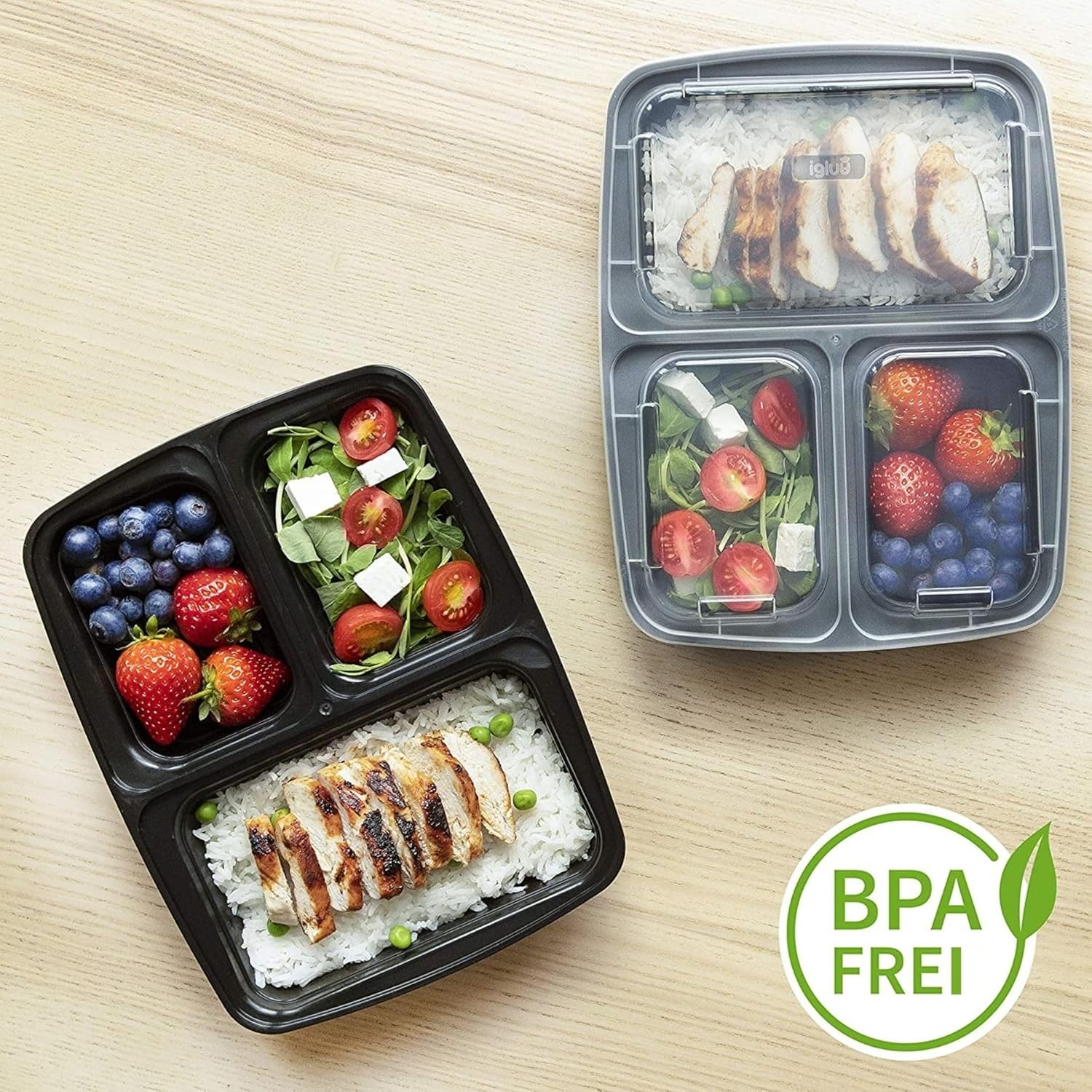 Igluu Meal-Prep-Boxen mit Deckel (20 Stück) – wiederverwendbar, mikrowellen-, gefrierschrank-, spülmaschinenfest, stapelbar – 946 ml Fassungsvermögen – 3 große Fächer – aus BPA-freiem Kunststoff – Bild 2