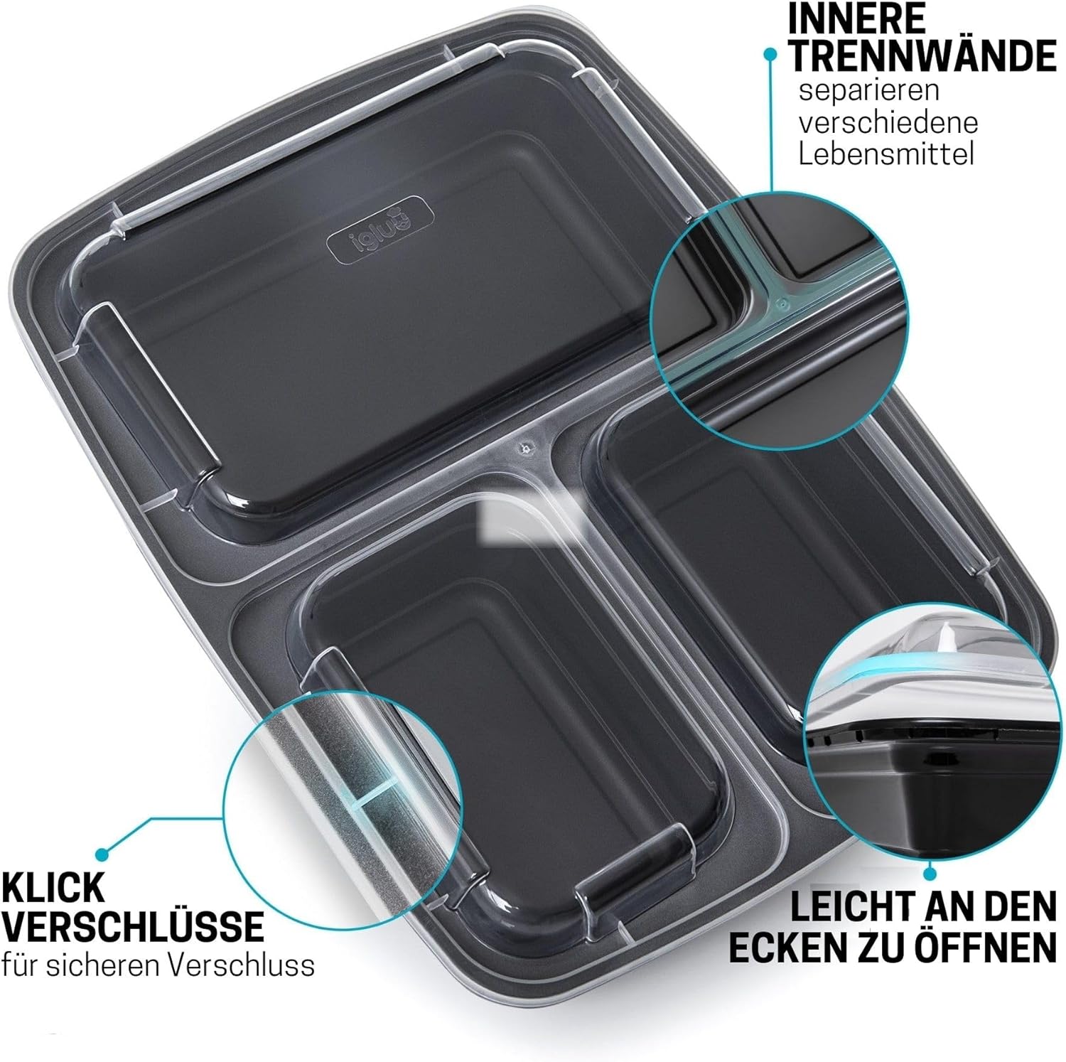 Igluu Meal-Prep-Boxen mit Deckel (20 Stück) – wiederverwendbar, mikrowellen-, gefrierschrank-, spülmaschinenfest, stapelbar – 946 ml Fassungsvermögen – 3 große Fächer – aus BPA-freiem Kunststoff – Bild 3