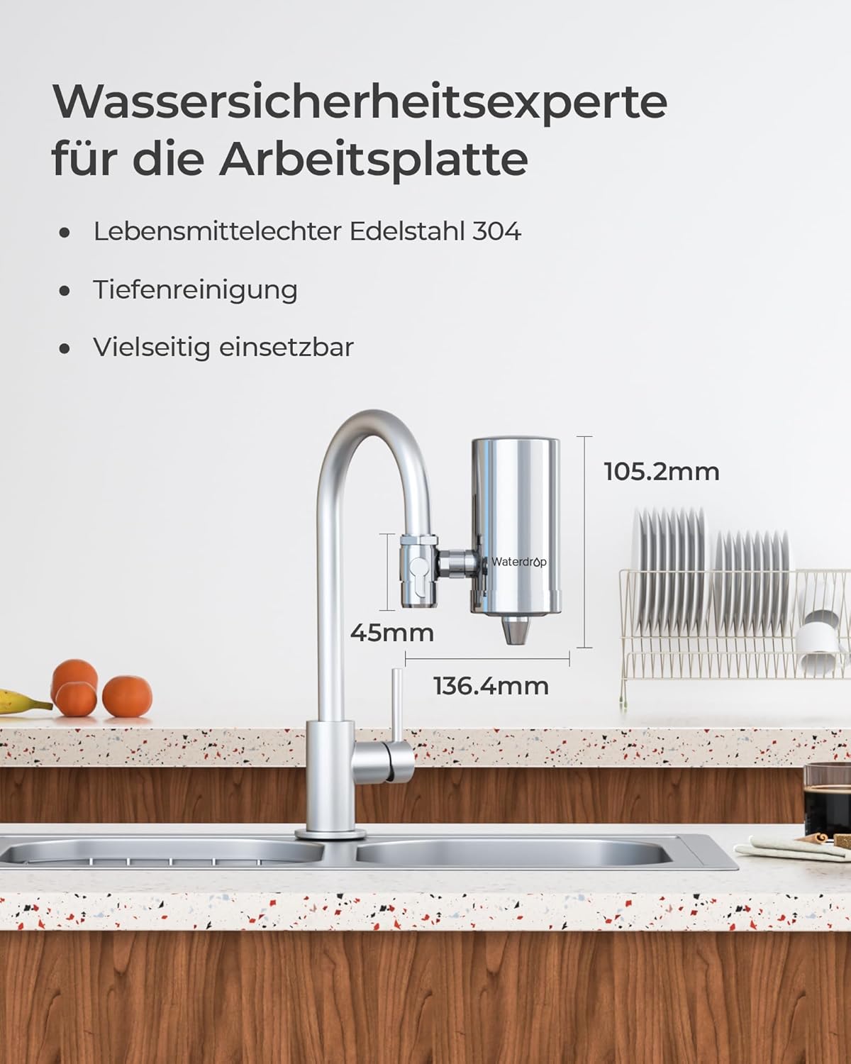 Waterdrop WD-FC-06 Edelstahl-Wasserhahn, Carbon-Block-Wasserfiltersystem, Leitungswasserfilter, entfernt Chlor, Schwermetalle und schlechten Geschmack (4 Filter im Lieferumfang enthalten) – Bild 5