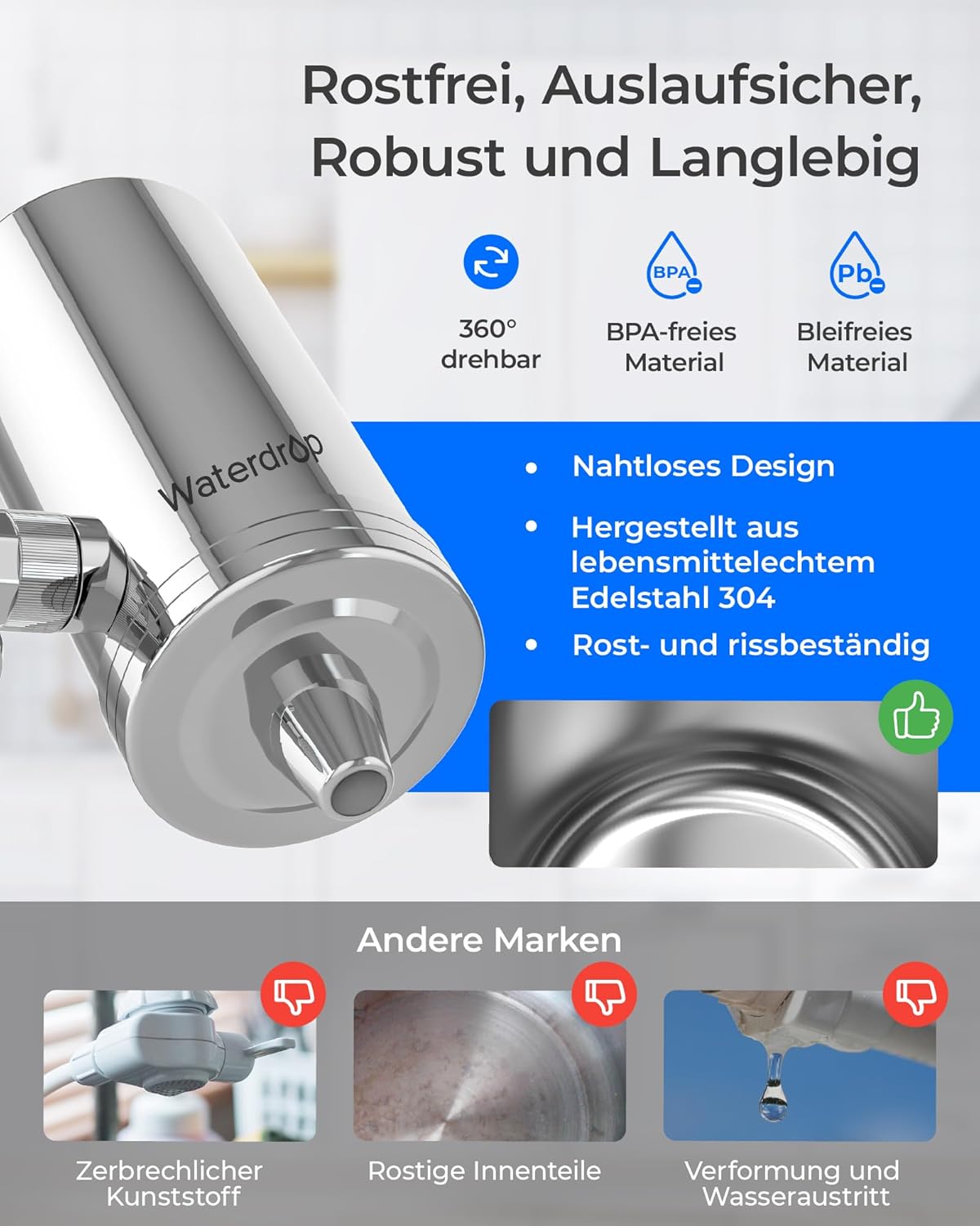 Waterdrop WD-FC-06 Edelstahl-Wasserhahn, Carbon-Block-Wasserfiltersystem, Leitungswasserfilter, entfernt Chlor, Schwermetalle und schlechten Geschmack (4 Filter im Lieferumfang enthalten) – Bild 6