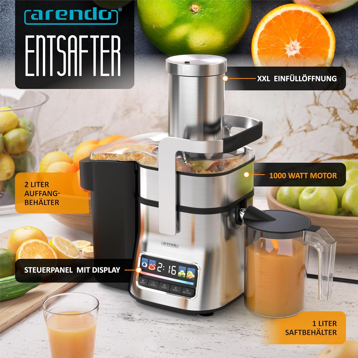 Arendo - Entsafter aus Edelstahl mit Display - für Obst und Gemüse - kraftvolle 1000 Watt Leistung - Pulsfunktion - Entsafter Zitruspresse - 1000 ml Saftbehälter – Bild 2
