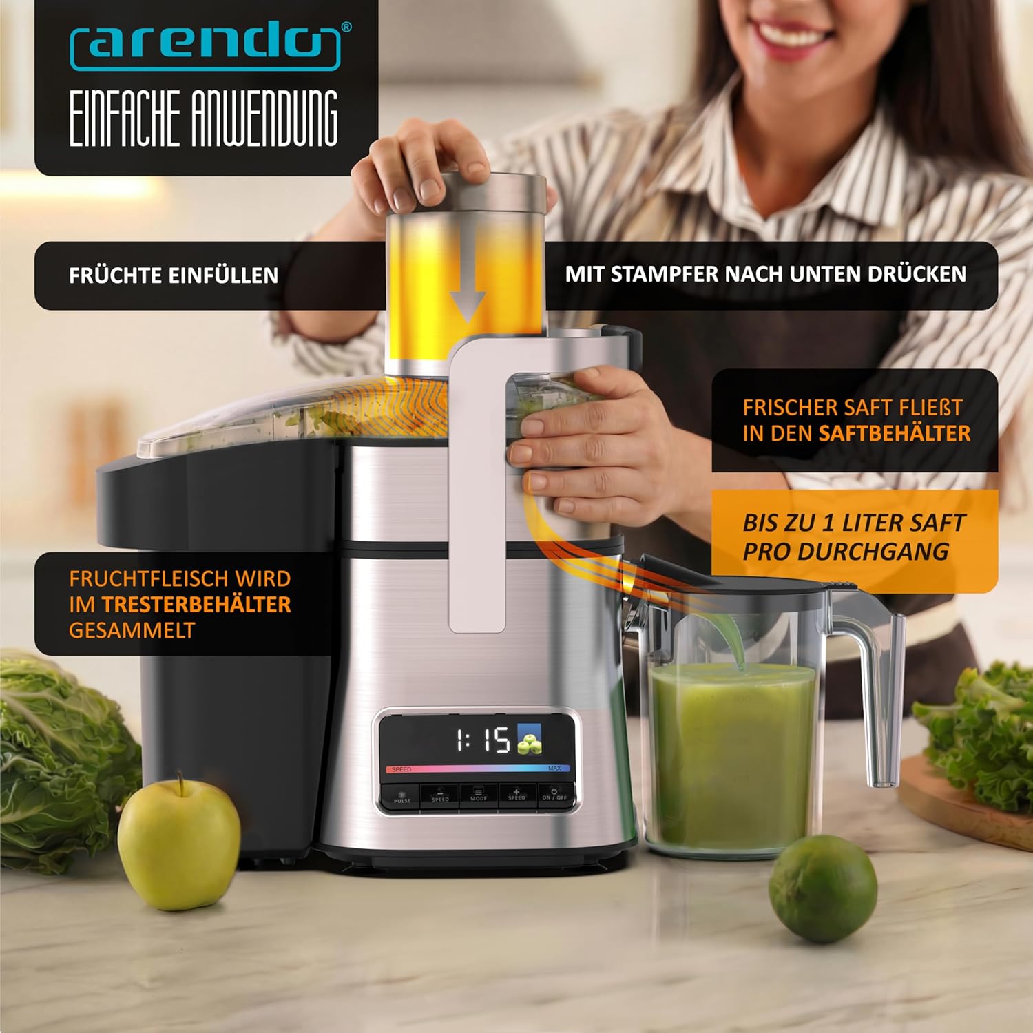 Arendo - Entsafter aus Edelstahl mit Display - für Obst und Gemüse - kraftvolle 1000 Watt Leistung - Pulsfunktion - Entsafter Zitruspresse - 1000 ml Saftbehälter – Bild 3