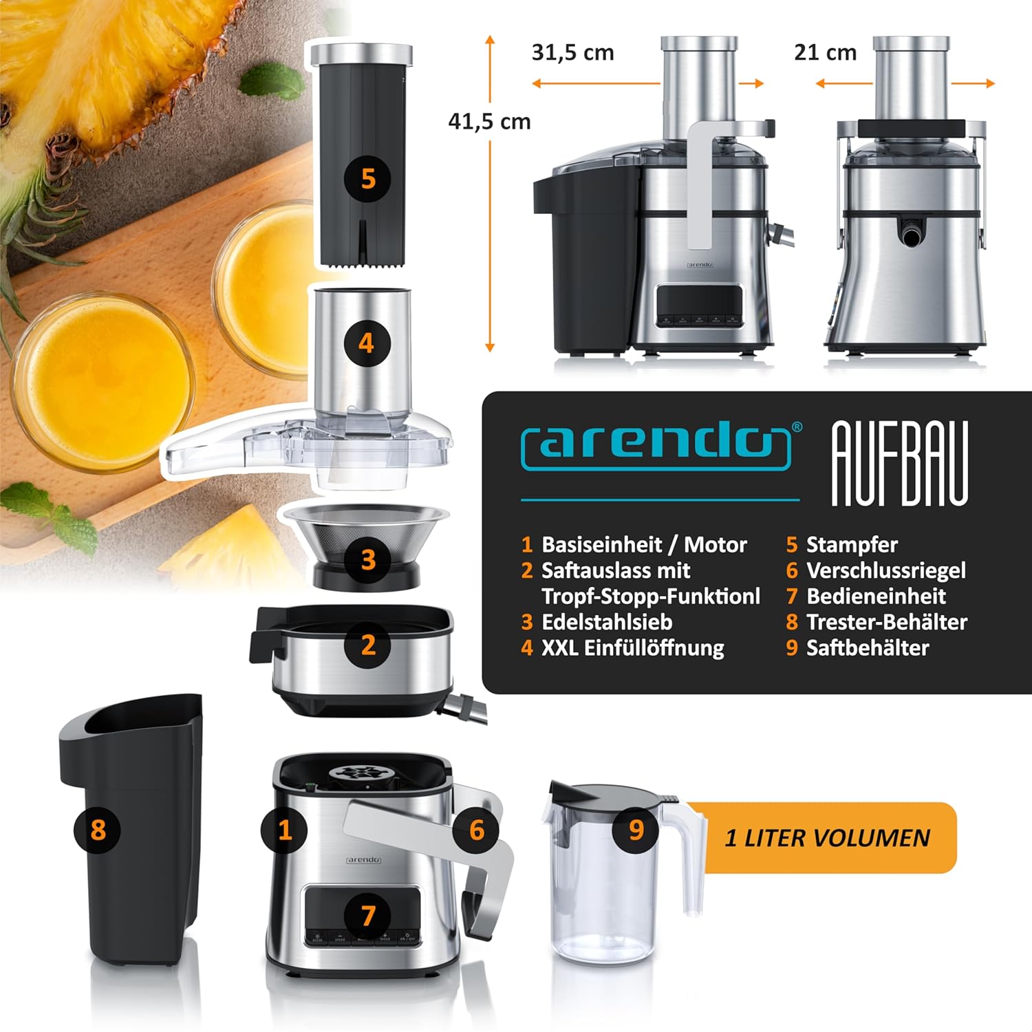 Arendo - Entsafter aus Edelstahl mit Display - für Obst und Gemüse - kraftvolle 1000 Watt Leistung - Pulsfunktion - Entsafter Zitruspresse - 1000 ml Saftbehälter – Bild 6