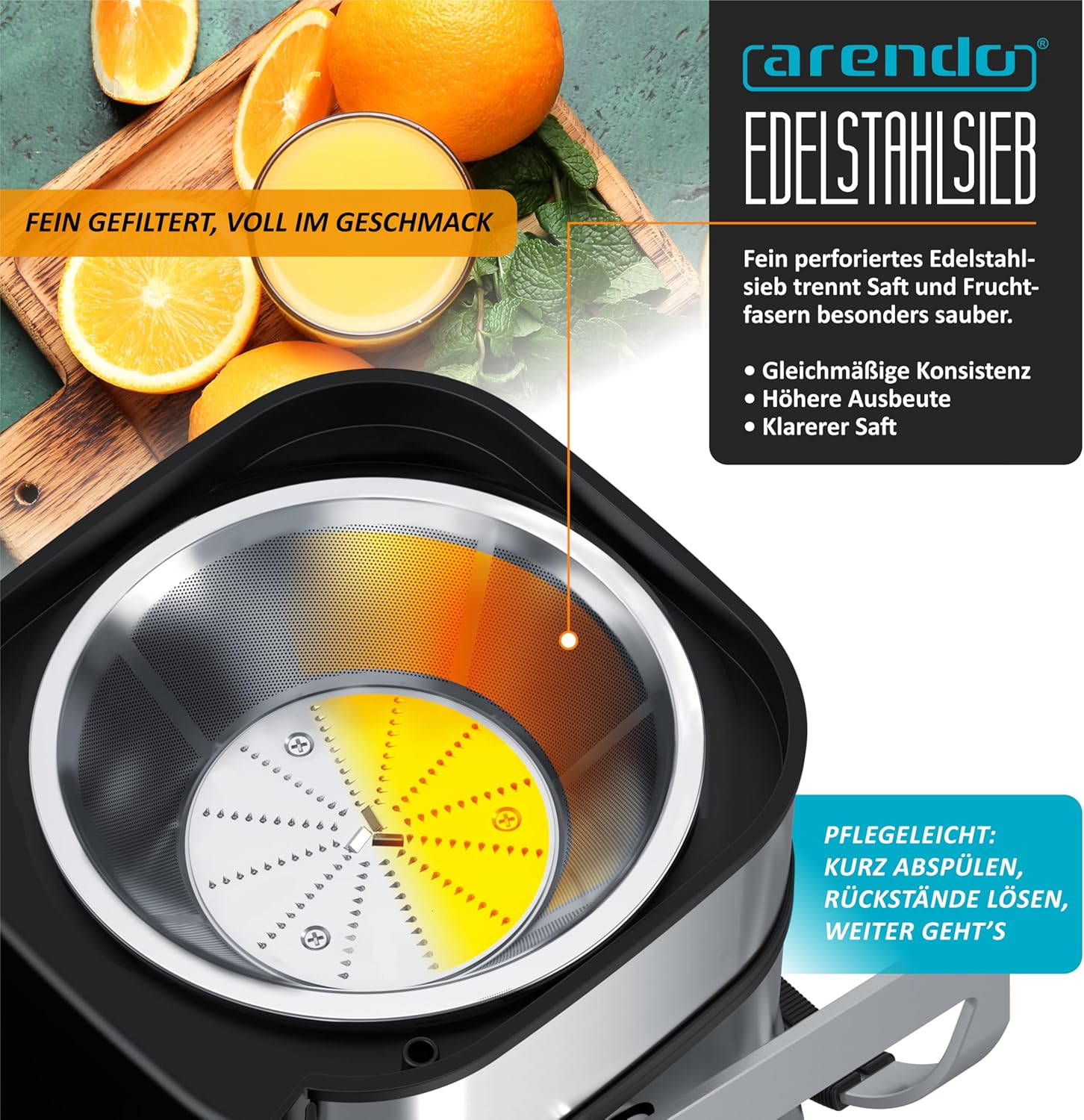 Arendo - Entsafter aus Edelstahl mit Display - für Obst und Gemüse - kraftvolle 1000 Watt Leistung - Pulsfunktion - Entsafter Zitruspresse - 1000 ml Saftbehälter – Bild 7
