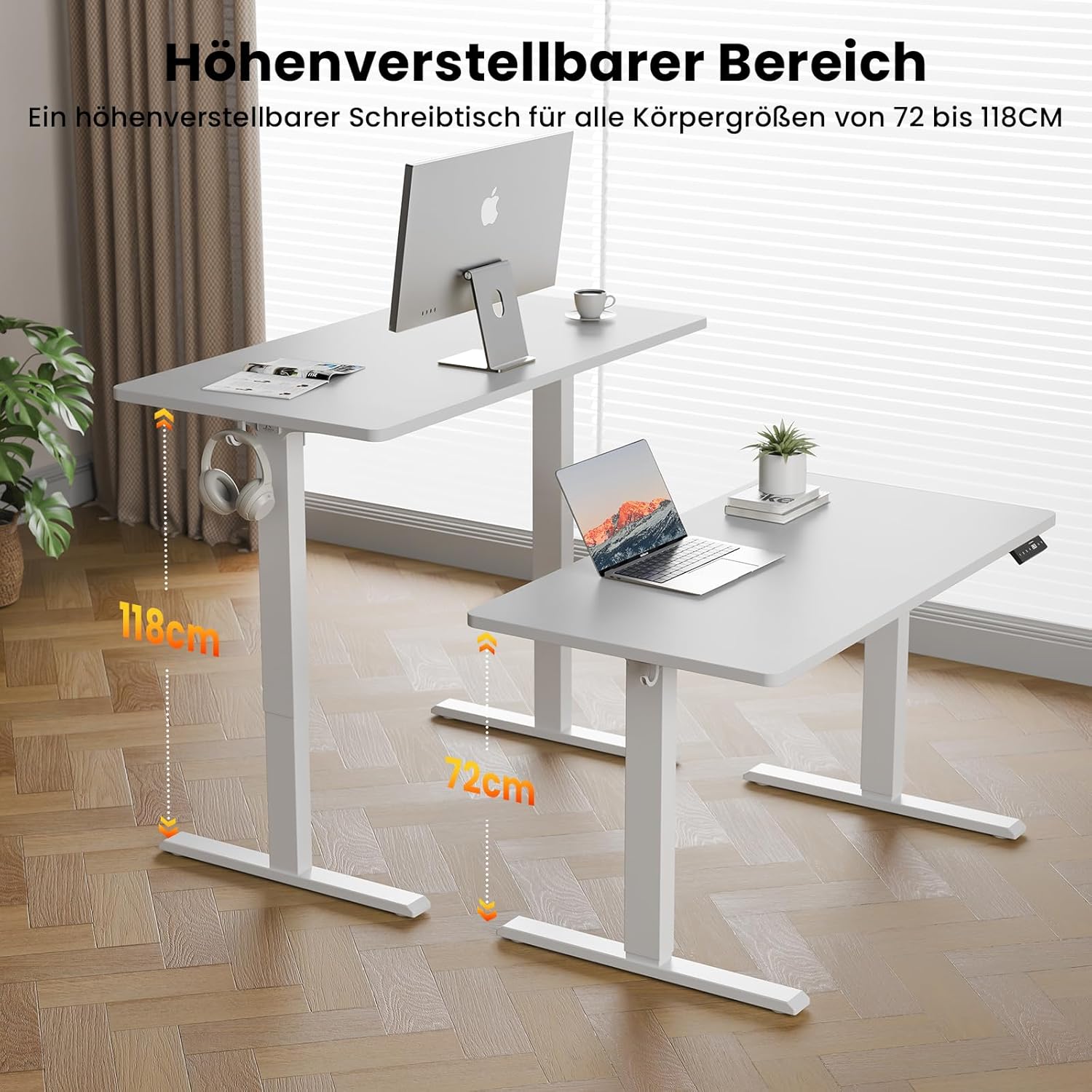 WALKINGDESK Höhenverstellbarer Schreibtisch, elektrisch 160 x 60 cm, Computertisch, Stehsitztisch, höhenverstellbar mit 4 Memory-Funktionen, Stehpult mit 2 Haken für Büro, Verbindungsplatte, weiß – Bild 4