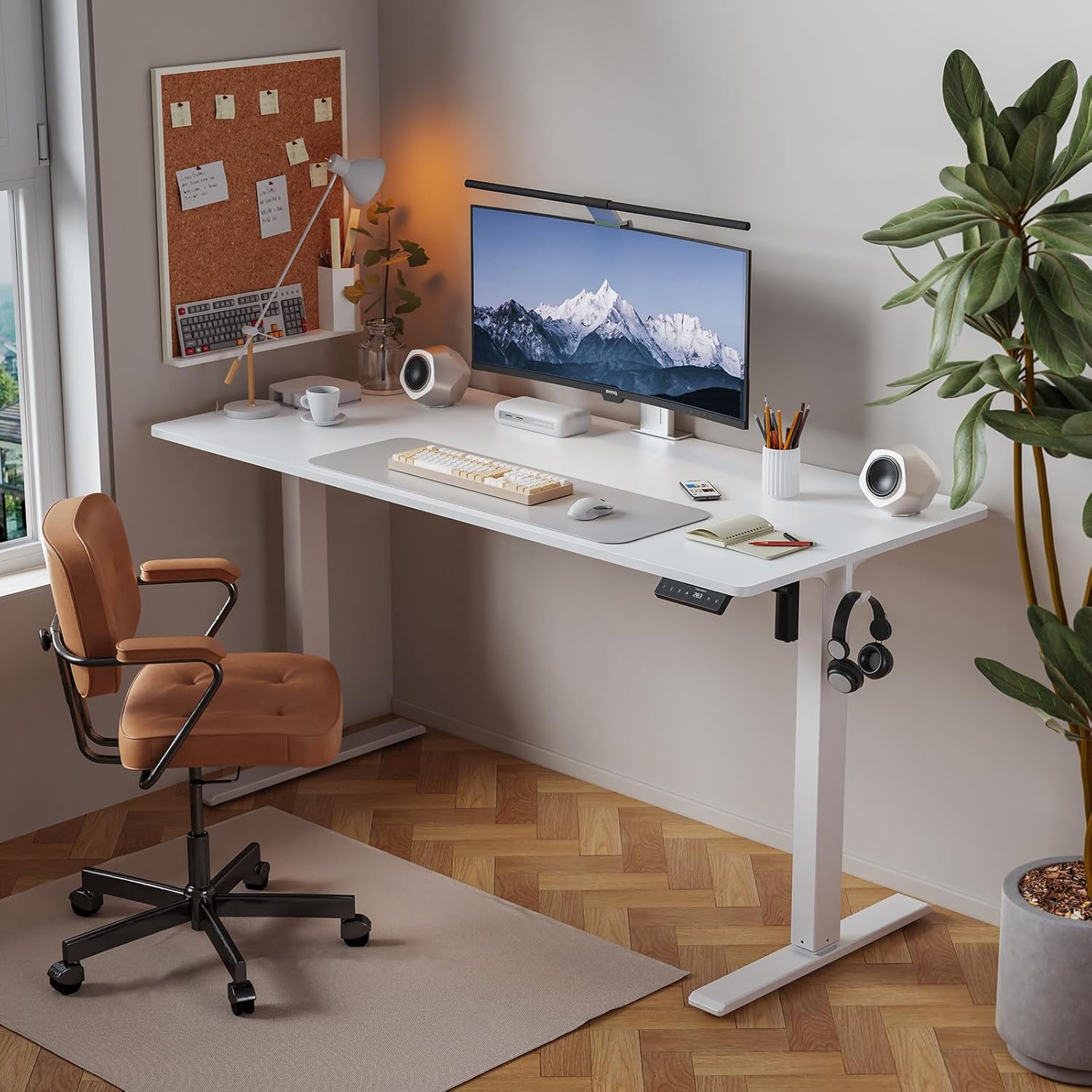 WALKINGDESK Höhenverstellbarer Schreibtisch, elektrisch 160 x 60 cm, Computertisch, Stehsitztisch, höhenverstellbar mit 4 Memory-Funktionen, Stehpult mit 2 Haken für Büro, Verbindungsplatte, weiß – Bild 7