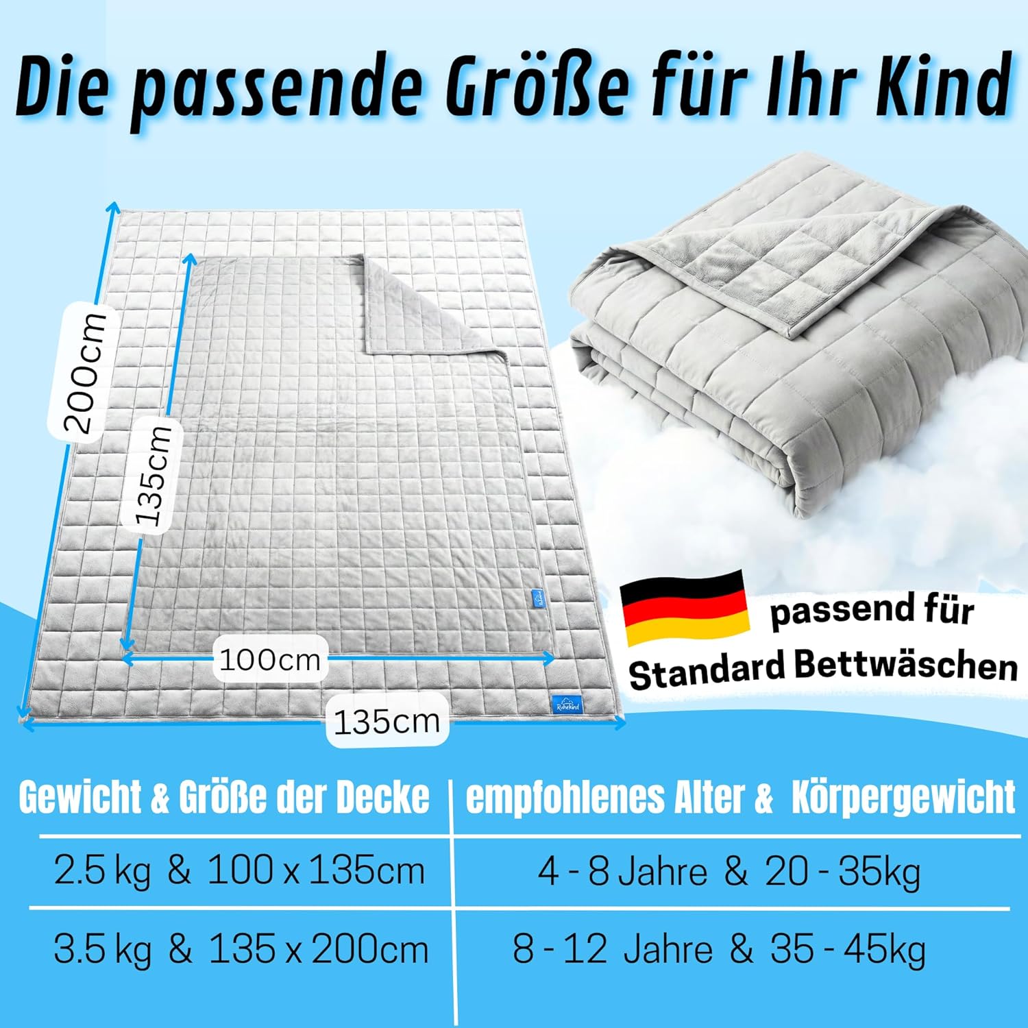Kinder-Gewichtsdecke 135 x 200 cm 3,5 kg – Öko-Tex 100 zertifiziert, Therapiedecke Kinder mit 2 Seiten für Winter & Sommer & optimale Gewichtsverteilung – Bild 5