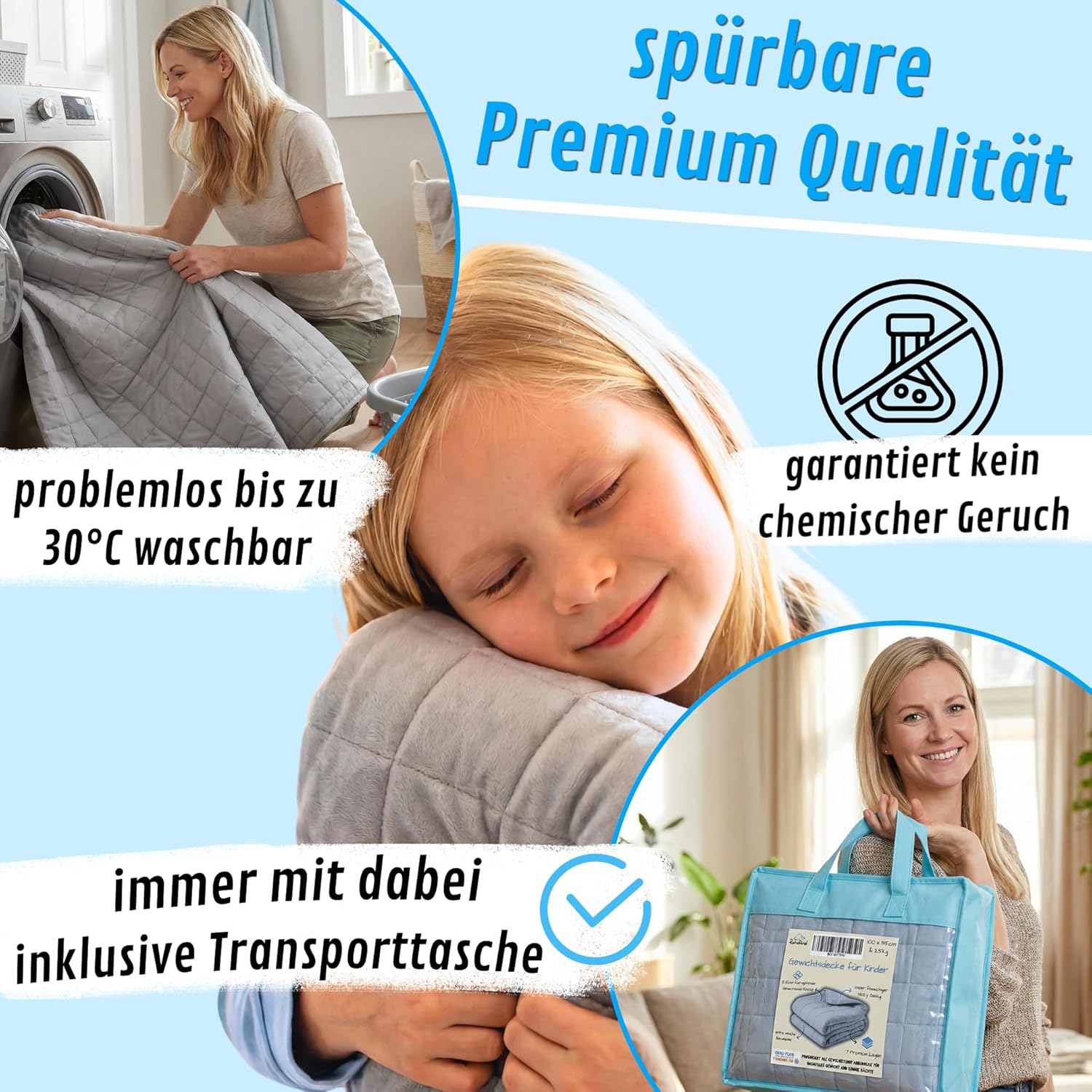 Kinder-Gewichtsdecke 135 x 200 cm 3,5 kg – Öko-Tex 100 zertifiziert, Therapiedecke Kinder mit 2 Seiten für Winter & Sommer & optimale Gewichtsverteilung – Bild 6