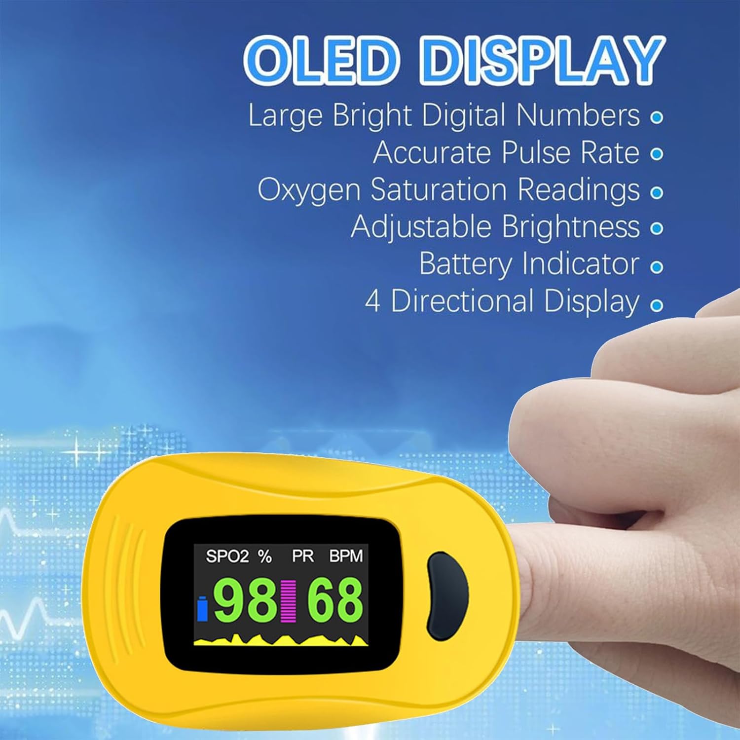 Fingerpulsoximeter Sport, SpO₂ & Pulsfrequenzmessgerät mit OLED-Display, tragbar für Training, Wandern und Freizeit (Gelb, 1 Stück) – Bild 3