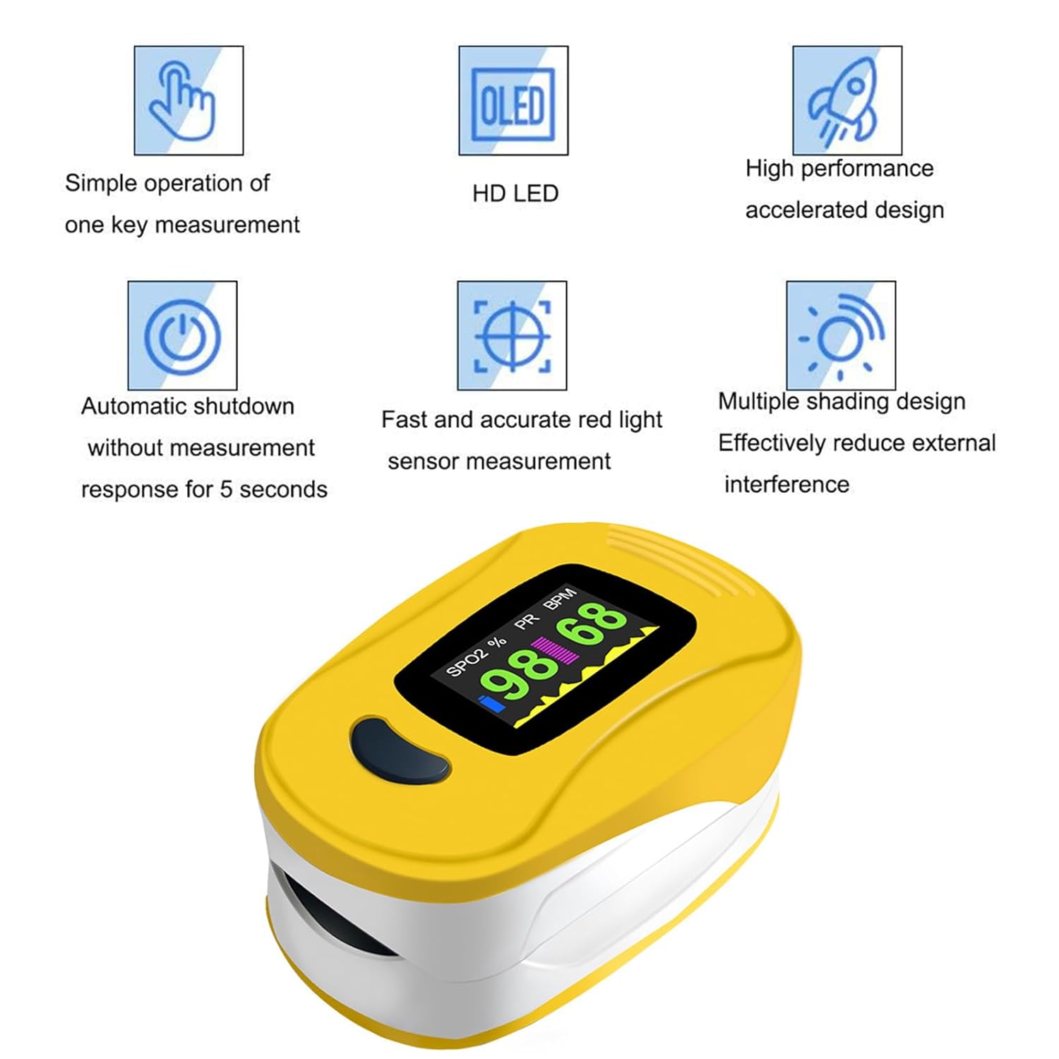 Fingerpulsoximeter Sport, SpO₂ & Pulsfrequenzmessgerät mit OLED-Display, tragbar für Training, Wandern und Freizeit (Gelb, 1 Stück) – Bild 4