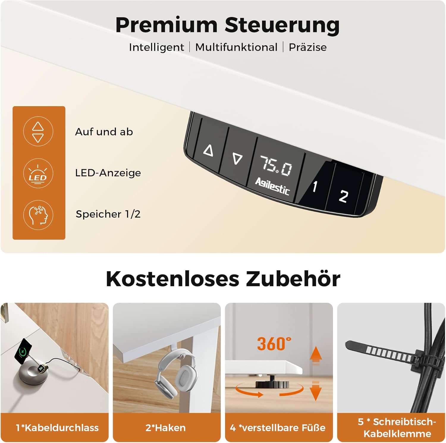 Agilestic Elektrischer Stehschreibtisch, L-förmiger 150 cm höhenverstellbarer Schreibtisch, Sitz- und Stehtisch für das Heimbüro, ergonomischer anhebbarer Computertisch mit Spleißbrett, Weiß – Bild 6