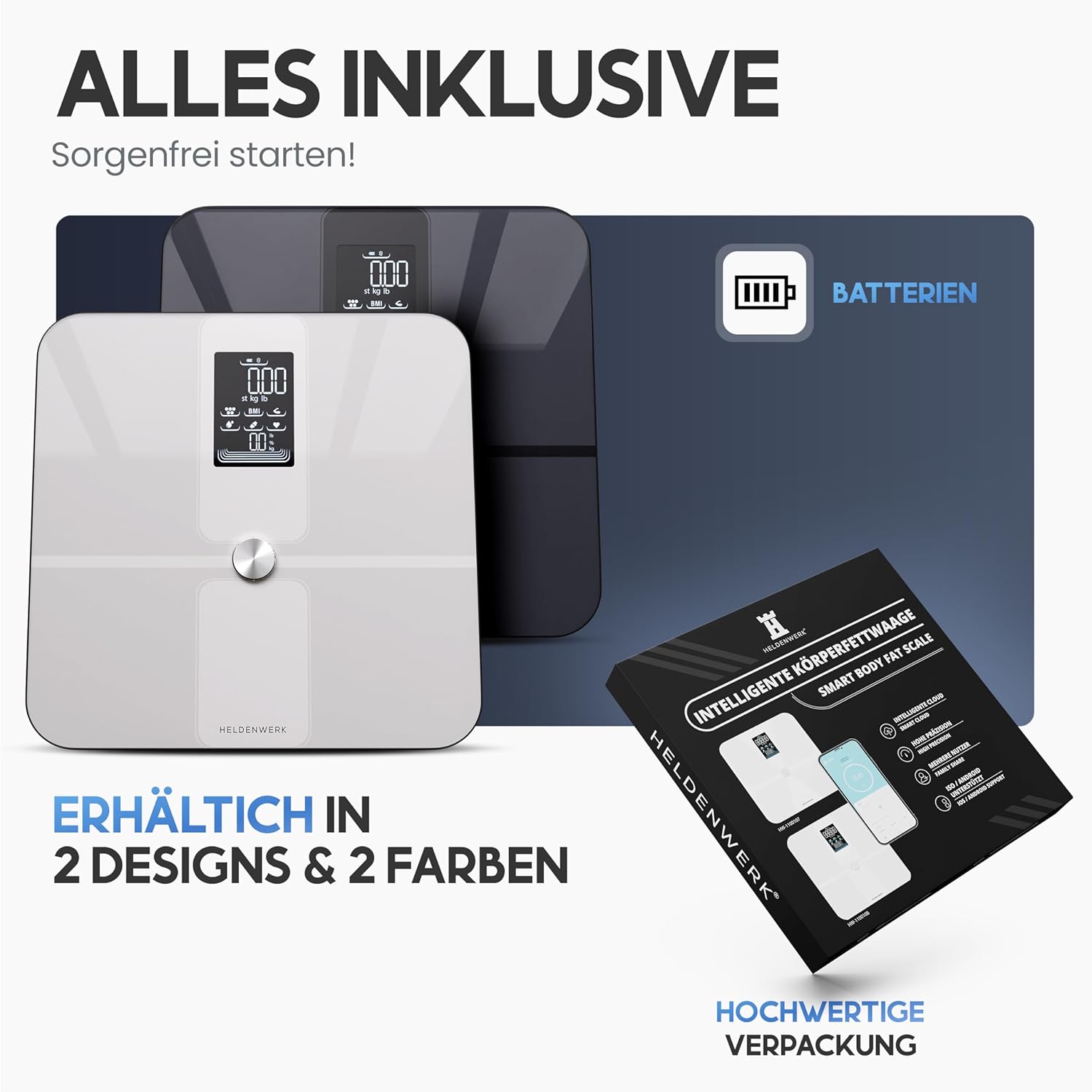 HELDENWERK Personenwaage Körperfettwaage Personen mit App & Vollflächensensor 180 kg / 400 lbs, Digitale Körperwaage, Bluetooth Körperanalysewaage für Körperfett, BMI, Muskelmasse, Protein, BMR – Bild 7