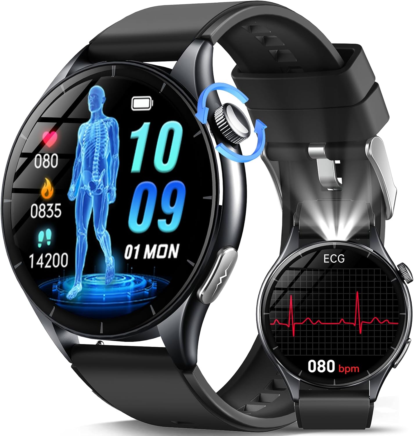 2026 Herren-Smartwatch mit EKG/BI-Druck/BMI/HRV/LED-Licht, 1,56 Zoll AMOLED runde Gesundheitsuhr mit SpO2/Herzfrequenzüberwachung/Harnsäure, Schlaf/Aρnοe-Überwachung, SOS-Notruf-Fitnessuhr