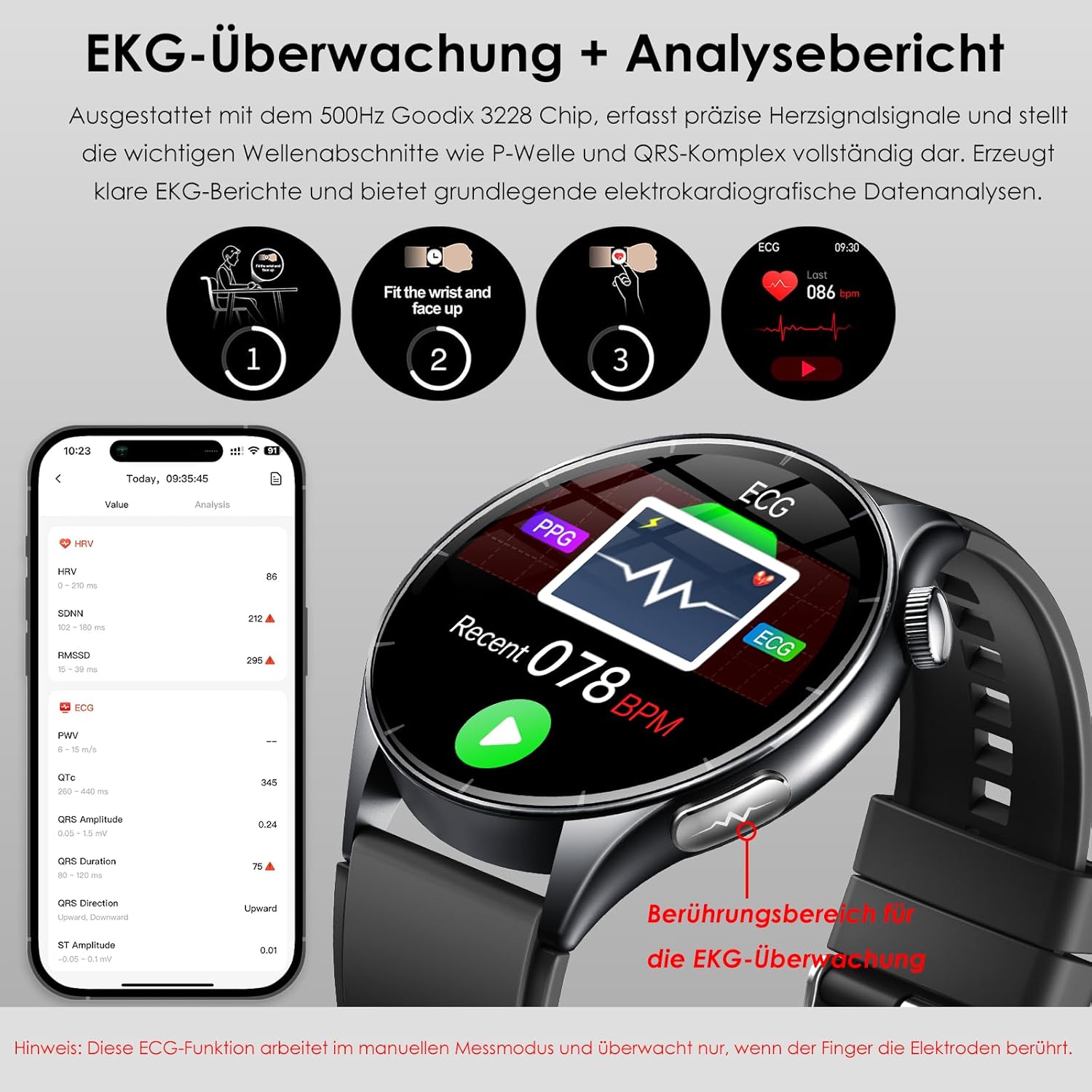 2026 Herren-Smartwatch mit EKG/BI-Druck/BMI/HRV/LED-Licht, 1,56 Zoll AMOLED runde Gesundheitsuhr mit SpO2/Herzfrequenzüberwachung/Harnsäure, Schlaf/Aρnοe-Überwachung, SOS-Notruf-Fitnessuhr – Bild 2