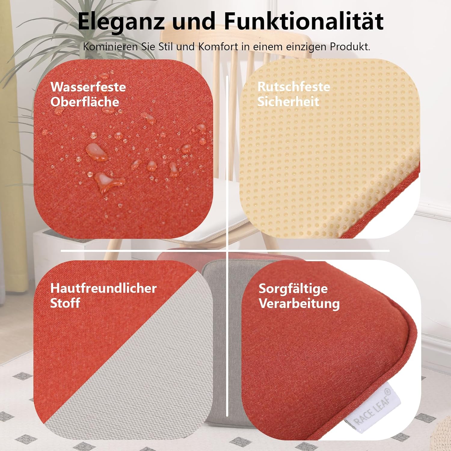 RACE LEAF 2er-Set 40,5 x 40,5 cm Memory-Schaum-Sitzkissen mit langsamer Rückfederung, Innen- und Haushaltssitzkissen, wasserdichte Oberfläche und rutschfeste Unterseite, Schwarz (Schwarz) – Bild 5