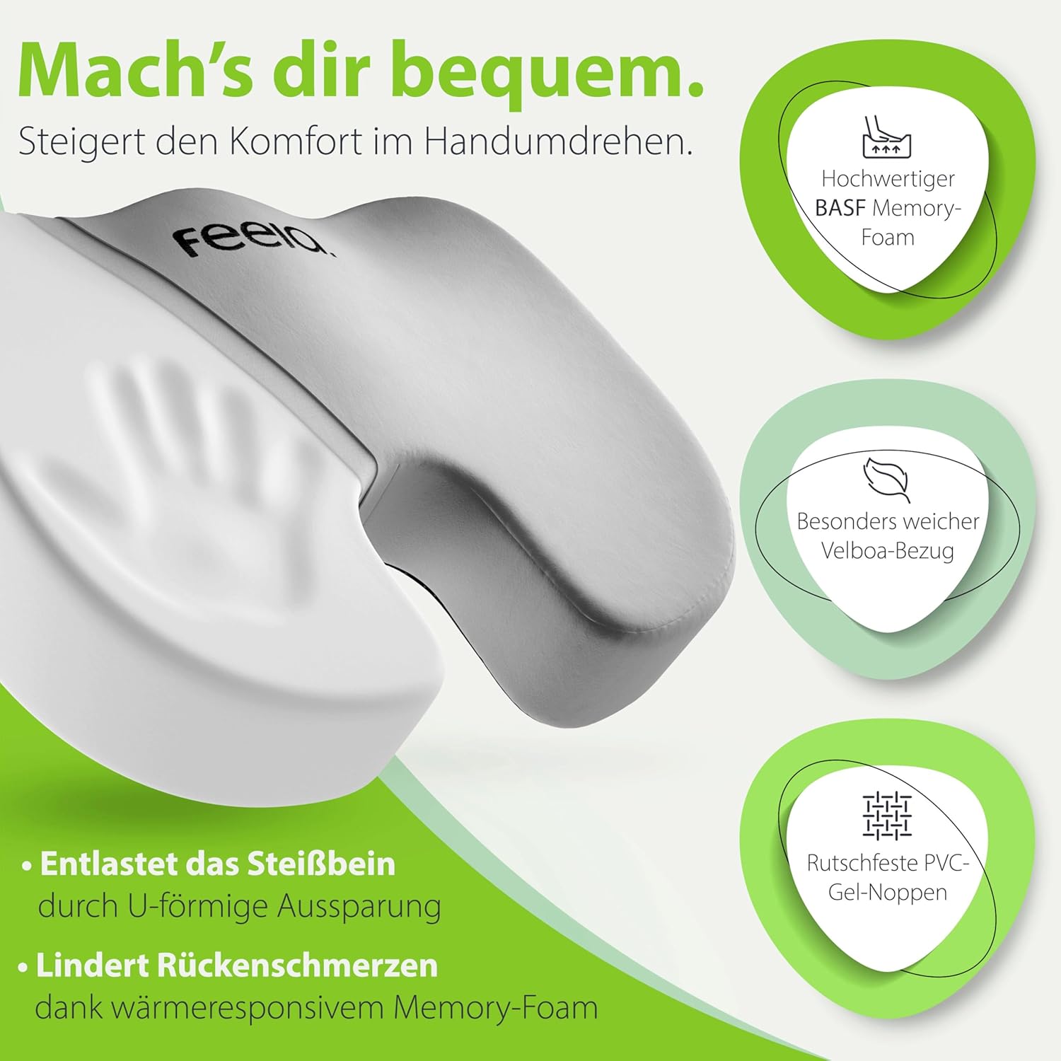 Feela.® Orthopädisches Sitzkissen, 3 Härtegrade, ergonomisches Sitzkissen für Bürostuhl etc., lindert Schmerzen, erhöht den Sitzkomfort, fördert die Durchblutung und entlastet das Steißbein, hart – Bild 3