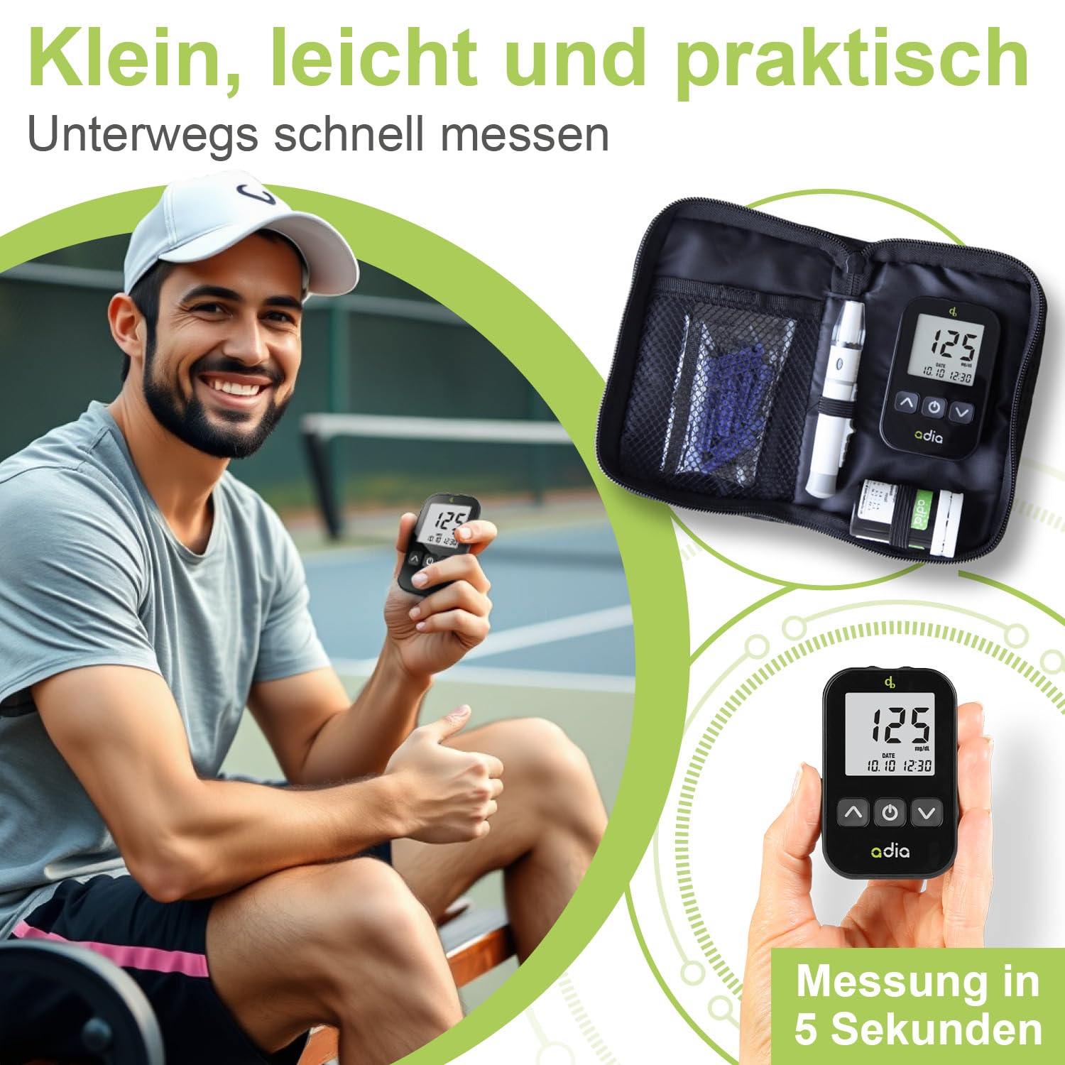 Adia Vorteilspackung mit Blutzuckermessgerät-Set (mg), 60 Blutzucker-Teststreifen und 110 Lanzetten zur Überwachung des Blutzuckers – Bild 3