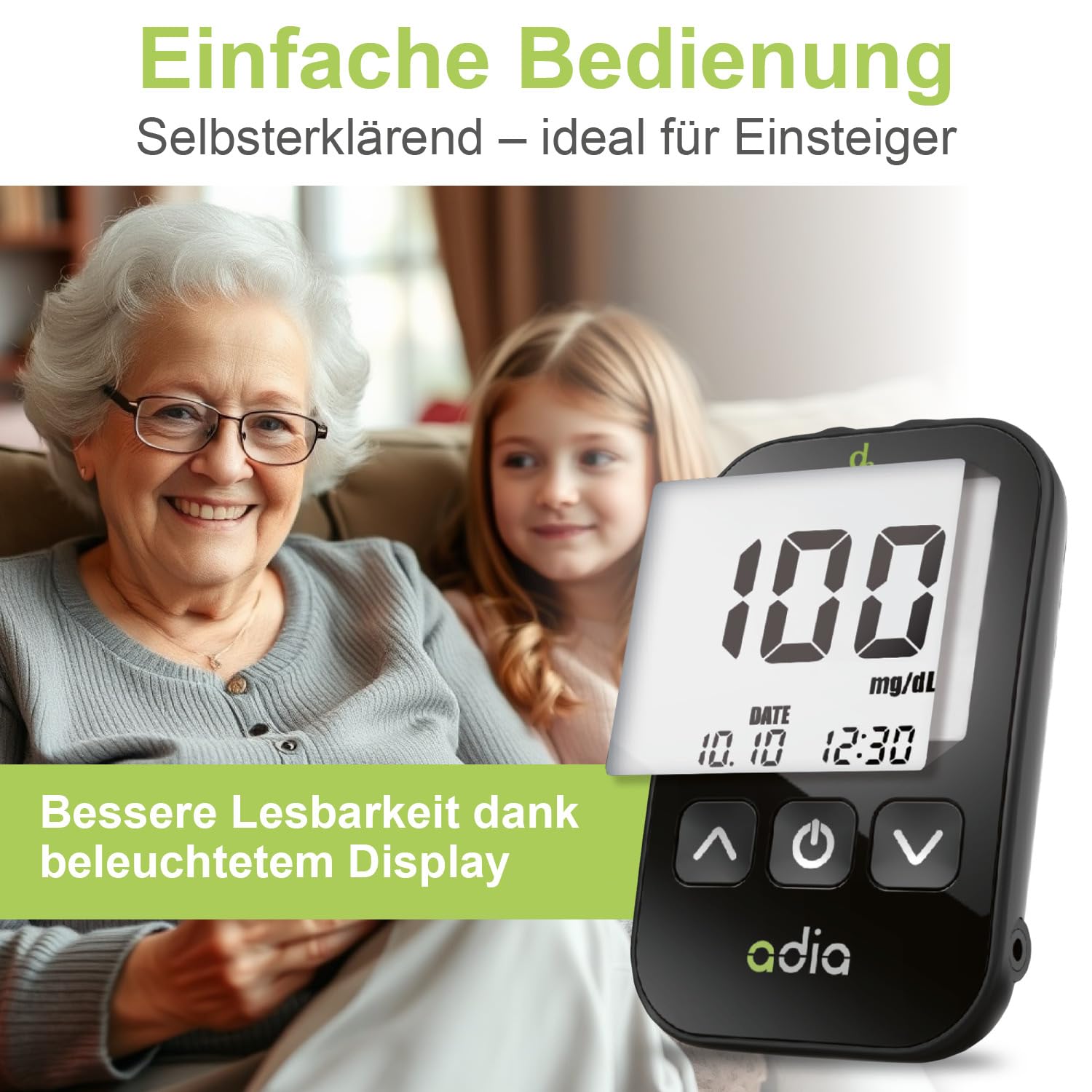 Adia Vorteilspackung mit Blutzuckermessgerät-Set (mg), 60 Blutzucker-Teststreifen und 110 Lanzetten zur Überwachung des Blutzuckers – Bild 6