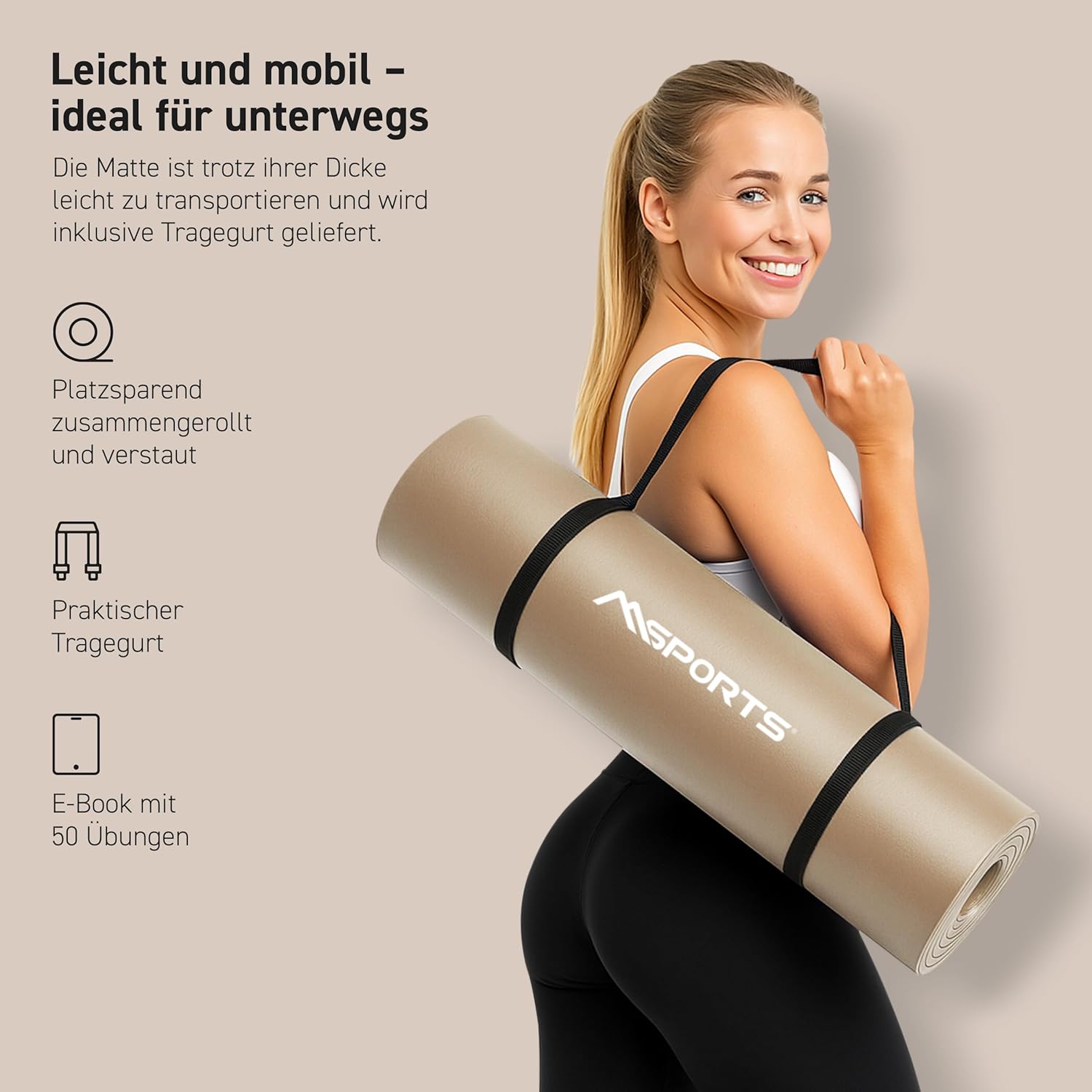 MSports Premium Gymnastikmatte inklusive Tragegurt + Übungsposter + Workout-App – hautfreundliche Fitnessmatte, 190 x 60, 80 oder 100 x 1,5 cm, verschiedene Farben, phthalatfreie Yogamatte, 190 x 60 x 1,5 cm – Bild 3