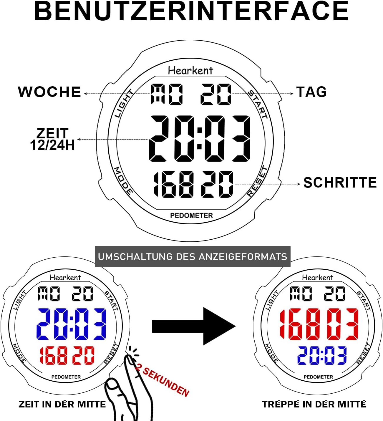 Schrittzähler Uhr Herren Ohne App und Handy,Großen Ziffern Digitaluhr,30M Wasserdicht,Fitness Tracker Fitnessuhr mit Schrittzähler Kalorienzähler – Bild 7