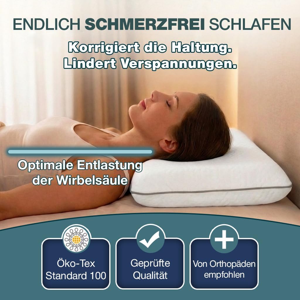 Ergonomisches Memory-Schaum-Kissen 40 x 60 cm mit Nackenstütze – orthopädisches Kissen, Nackenkissen, Rücken-, Bauch- und Seitenschläferkissen, Schlafkissen, weiß, Öko-Tex, 14 cm Höhe – Bild 2